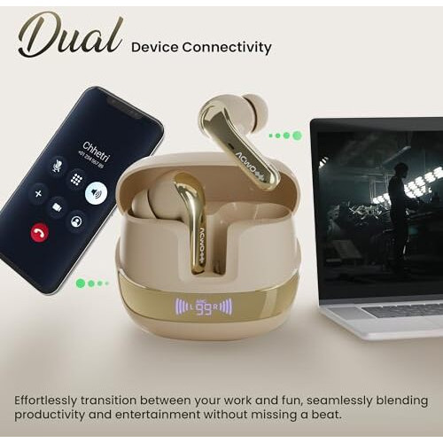 ACwO DwOTS 747 TWS Earbuds | Dual Device Connectivity | ANC 32dB | 4 AI-ENC Mics | 65H Playback | Bass & Theatre Modes | 3D Spatial Audio | Bluetooth 5.4 | Coffee Cream