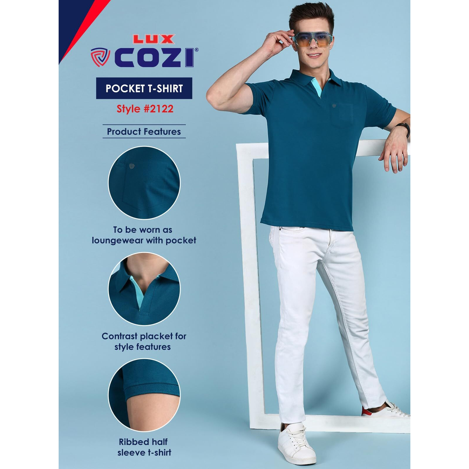 Lux Cozi Men's Half Sleeve Soild Casual T-Shirt with Chest Pocket_COZI_2122_EMRAD_L_1PC Emerald