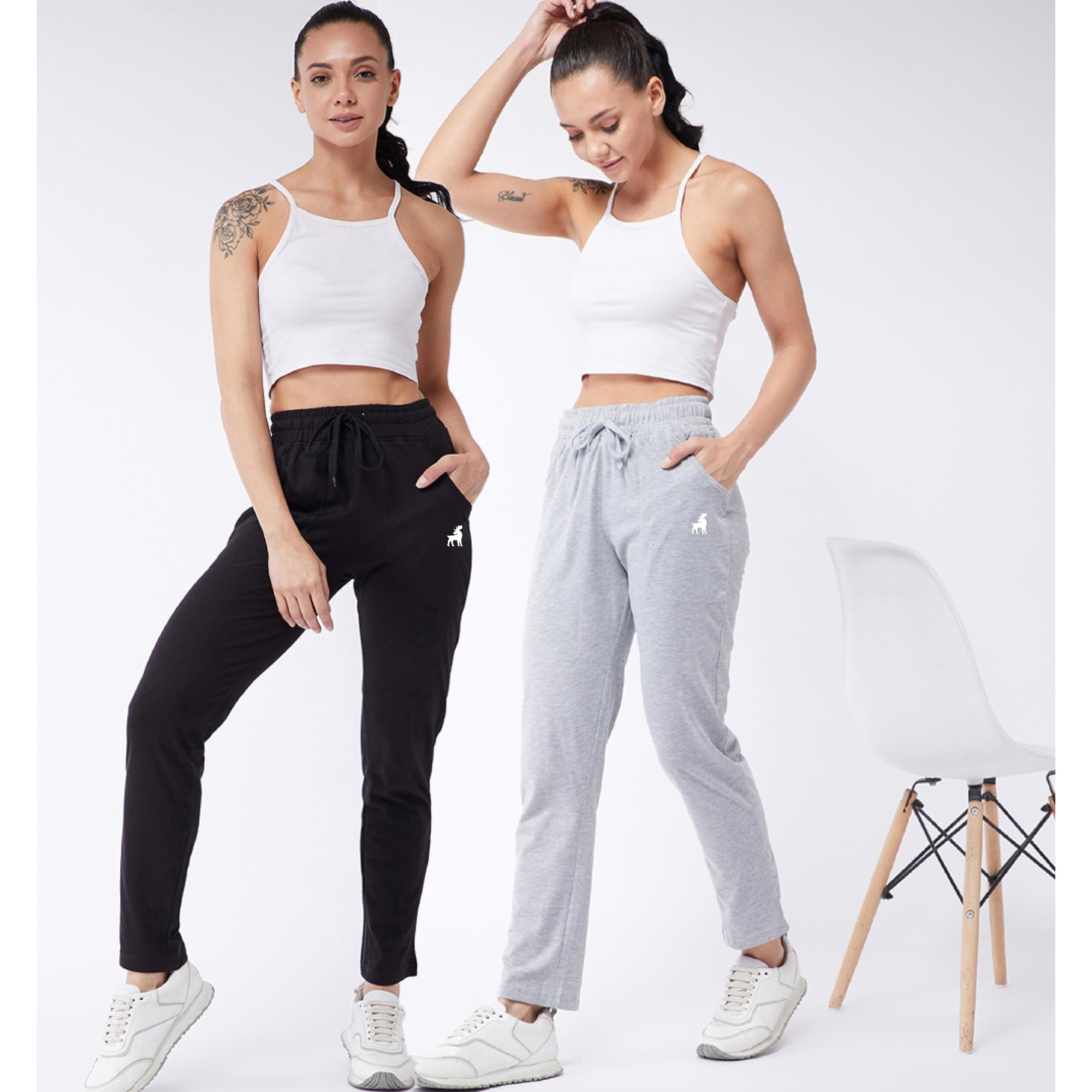 Modeve  Women Cotton Blend Pack of 2 Track Pant for Summer || Women Lower || Women Pyjama || Lounge Pants_Black and Light Grey_Large