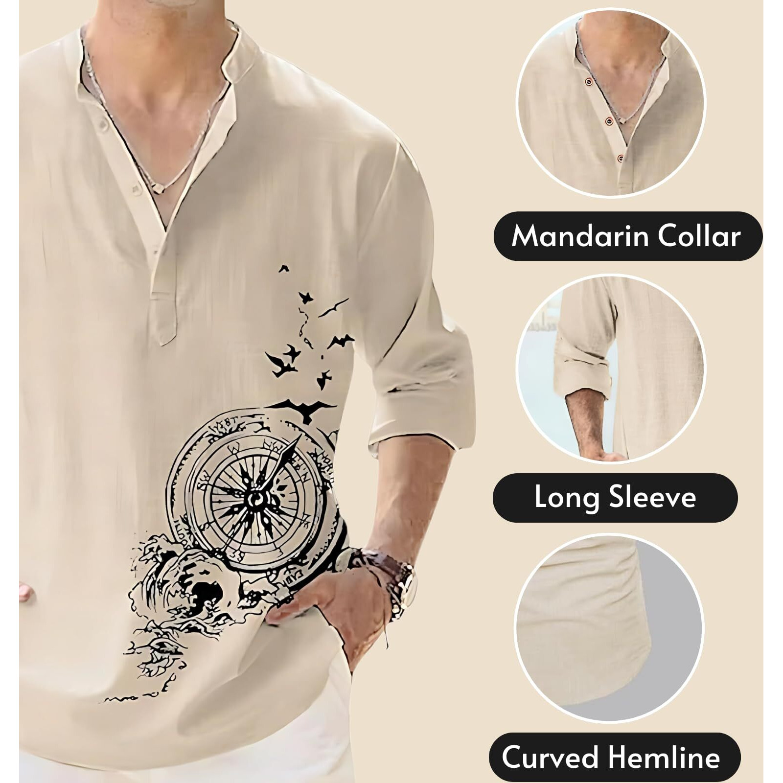 DEELMO Men's Cotton Blend Mandarin Collar Regular Fit Full Sleeve Casual Short Kurta, Beige, 2XL