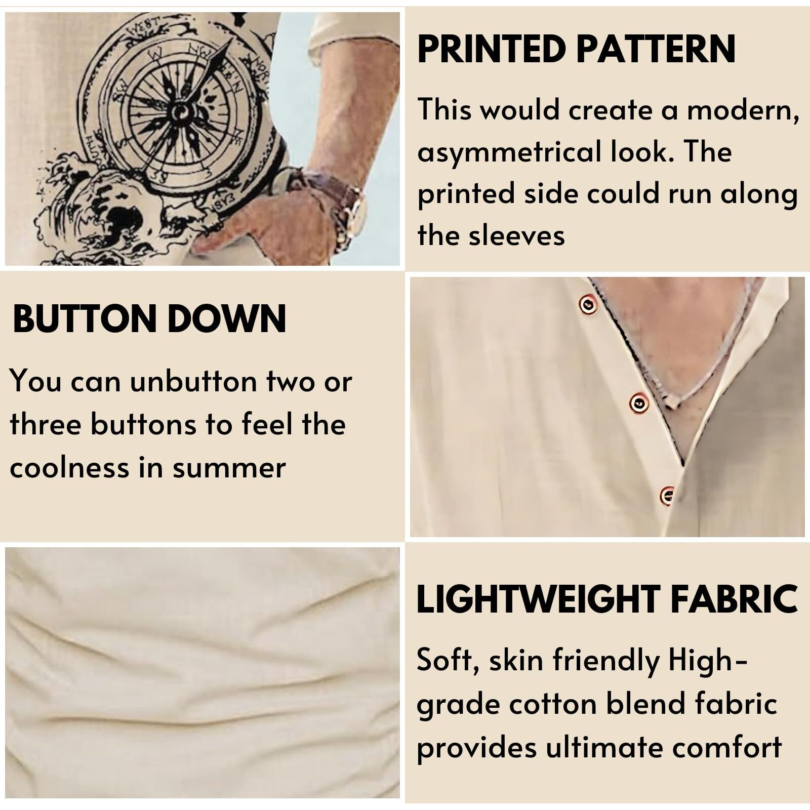 DEELMO Men's Cotton Blend Mandarin Collar Regular Fit Full Sleeve Casual Short Kurta, Beige, 2XL