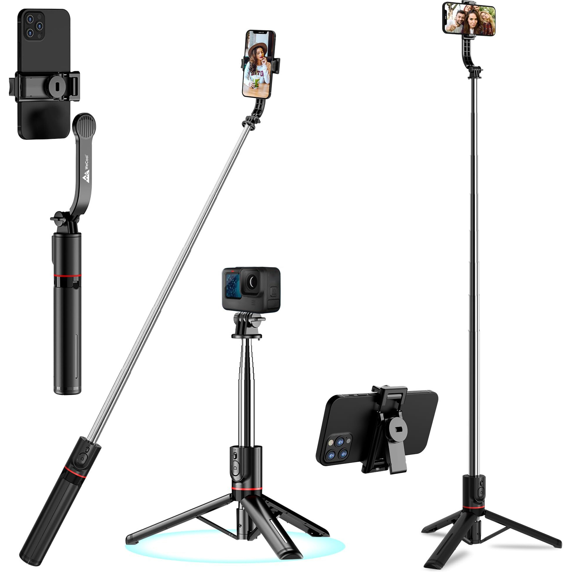 WeCool S6 Reinforced Bluetooth Selfie Stick with Tripod Stand, 45inc/ 130cm Long Selfie Stick with 6-Section Stable Base, Detachable Mobile Holder, Compatible with Mobile/GoPro for Video & Photoshoot