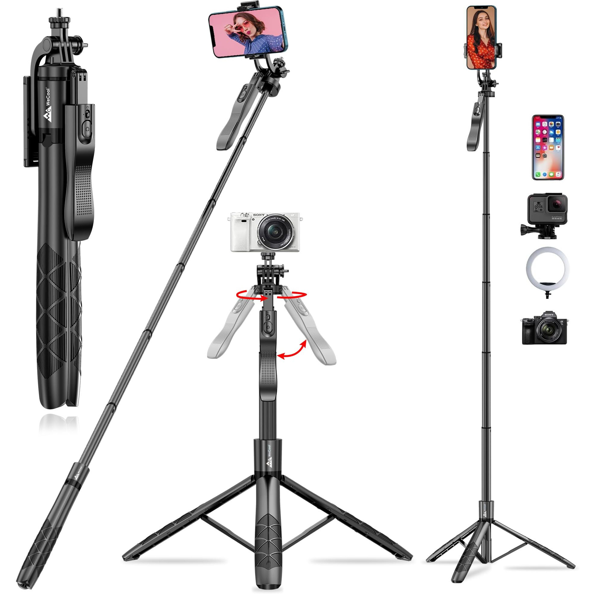 WeCool S5 Selfie Stick with Tripod Stand, 6section Telescopic Pole with 62in/158cm Long Stick, Ultimate Stability with 360 Rotating Handle & Reinforced Tripod Stand, Selfie Stick for Photos &Vlogging