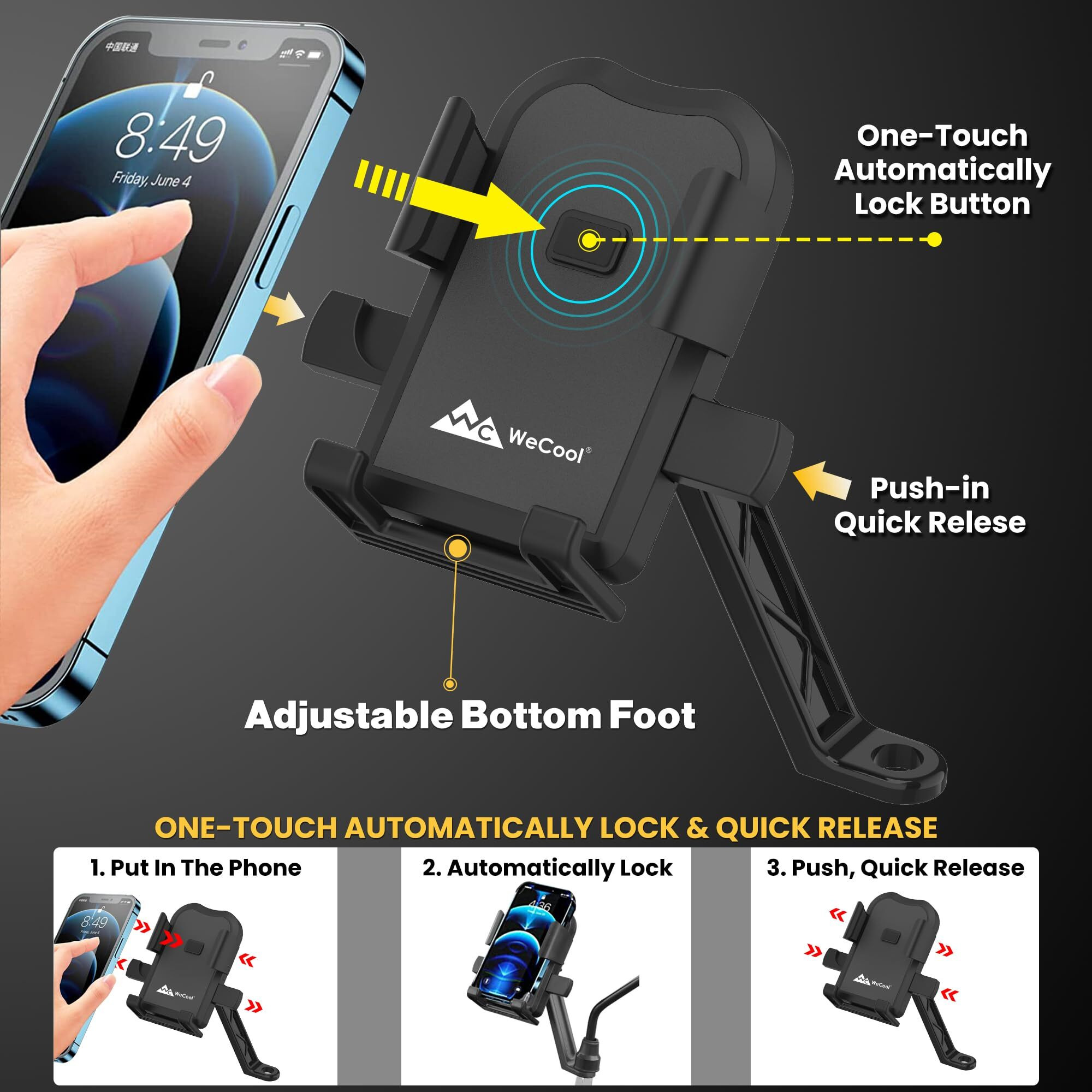 WeCool Metal B2 One Click Button Controlled Mobile Holder for Bikes/Motorcycle/Mobile Holder for Scooty, Ideal for Maps and GPS Navigation with Auto Locking, Anti Shaking, Anti Fall and Firm Grip