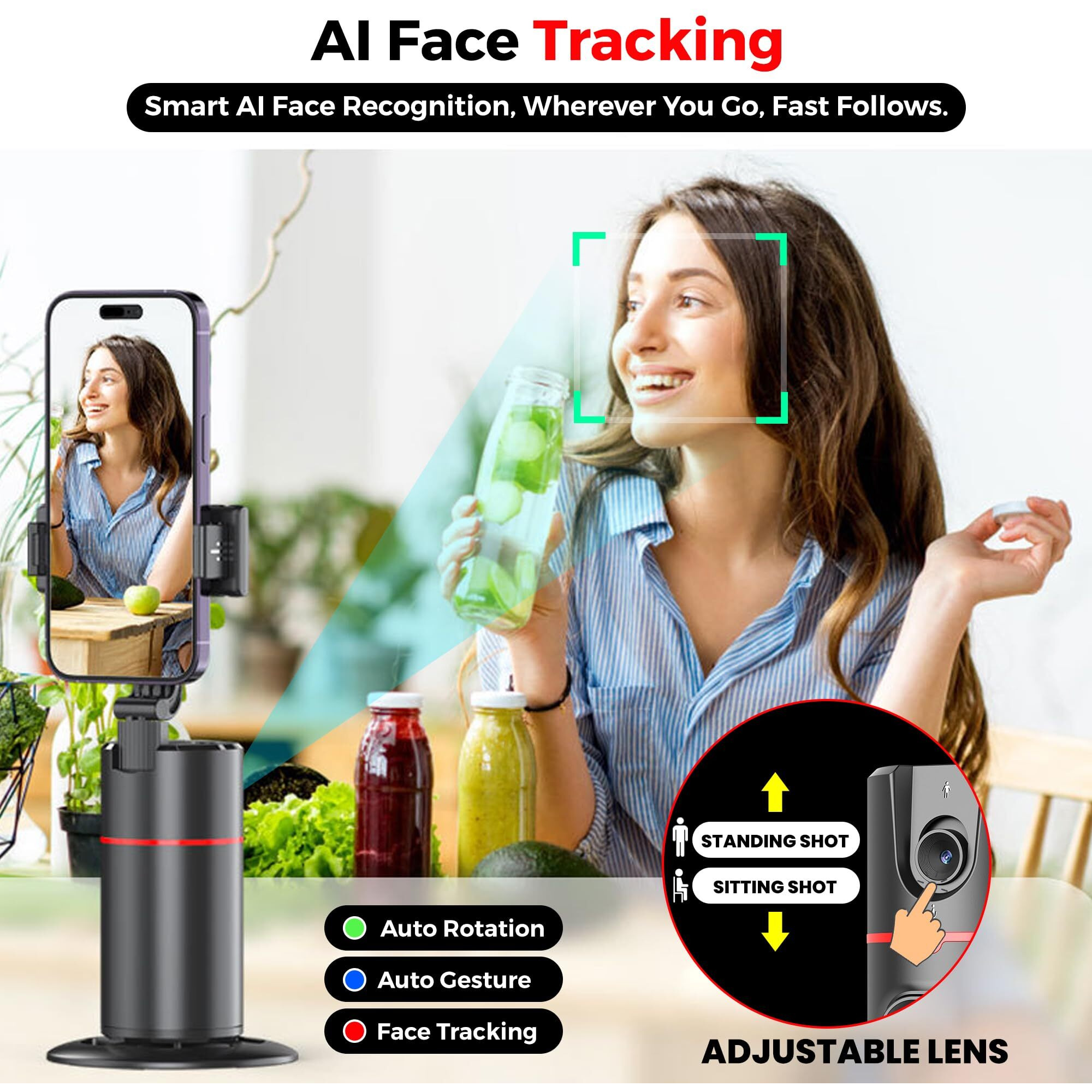 WeCool Auto Face Tracking Tripod,360 Rotation Mobile Holder for Smart Video&Photo Shooting with Remote,No App Needed,Gimbal Stabilizer with Gesture Control for Vlog,Streaming & Video Recording,Black