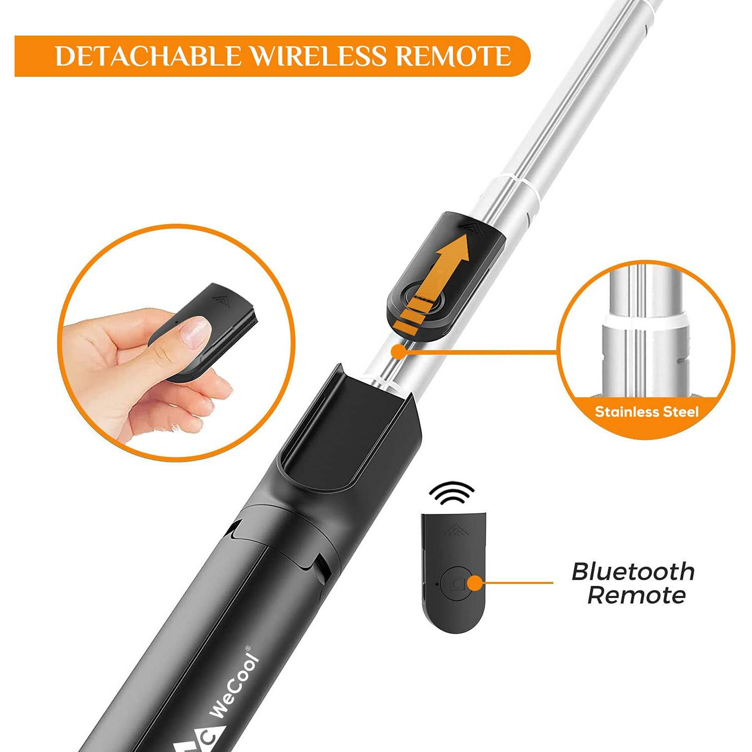 WeCool S1 Selfie Stick with Tripod Stand, 3-in-1 Multifunctional Selfie Stick with Detachable Wireless Remote for Vlogging & Photoshoot, Portable-Lightweight Selfie Stick for iPhone & Android Mobiles