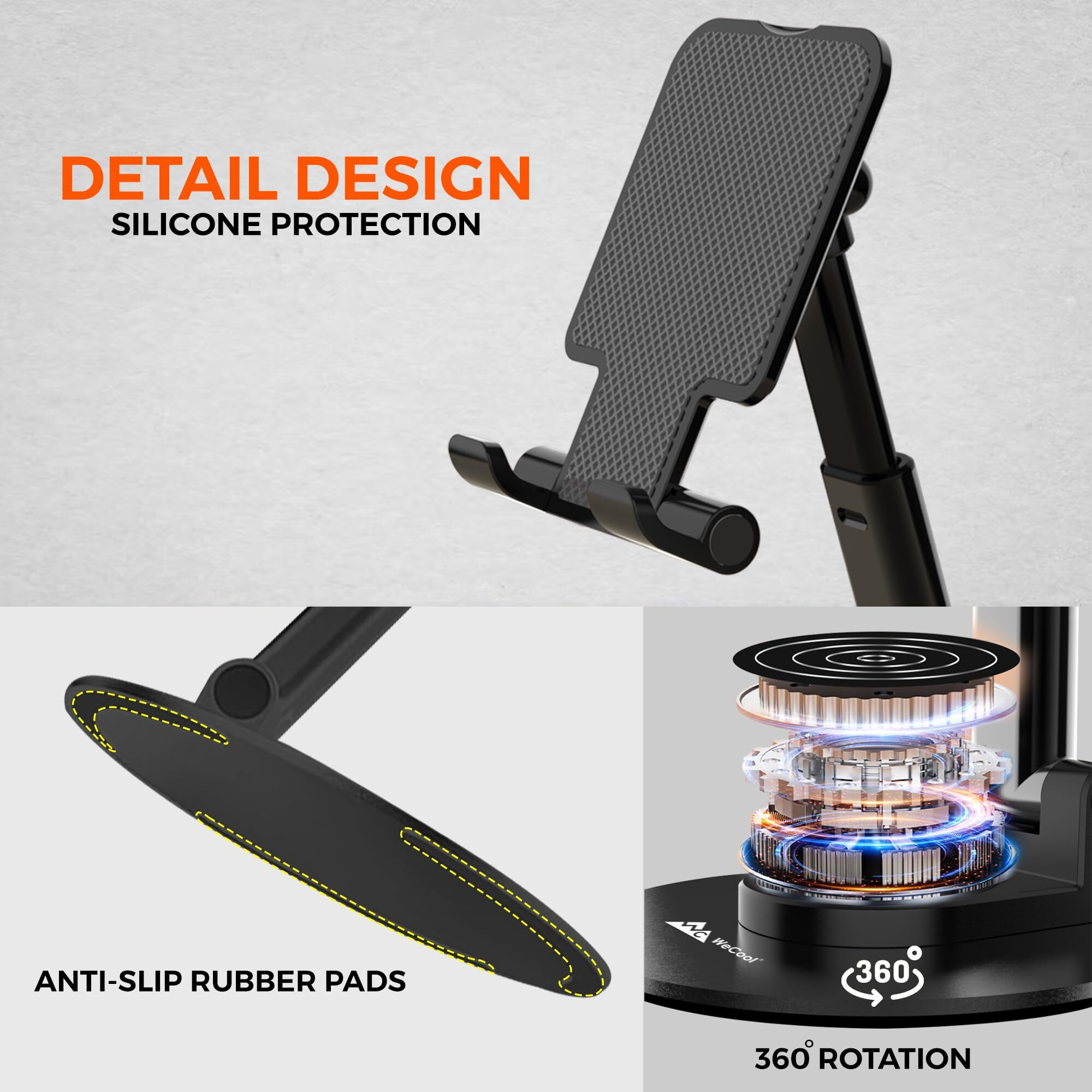 WeCool T1 Rotatable and Foldable Tabletop Mobile Stand with Stable Metalic Round Base,Multiple adjustments of Height and Angle Phone Stand,Mobile Holder for Smartphones,Tablets,Kindles and for iPad