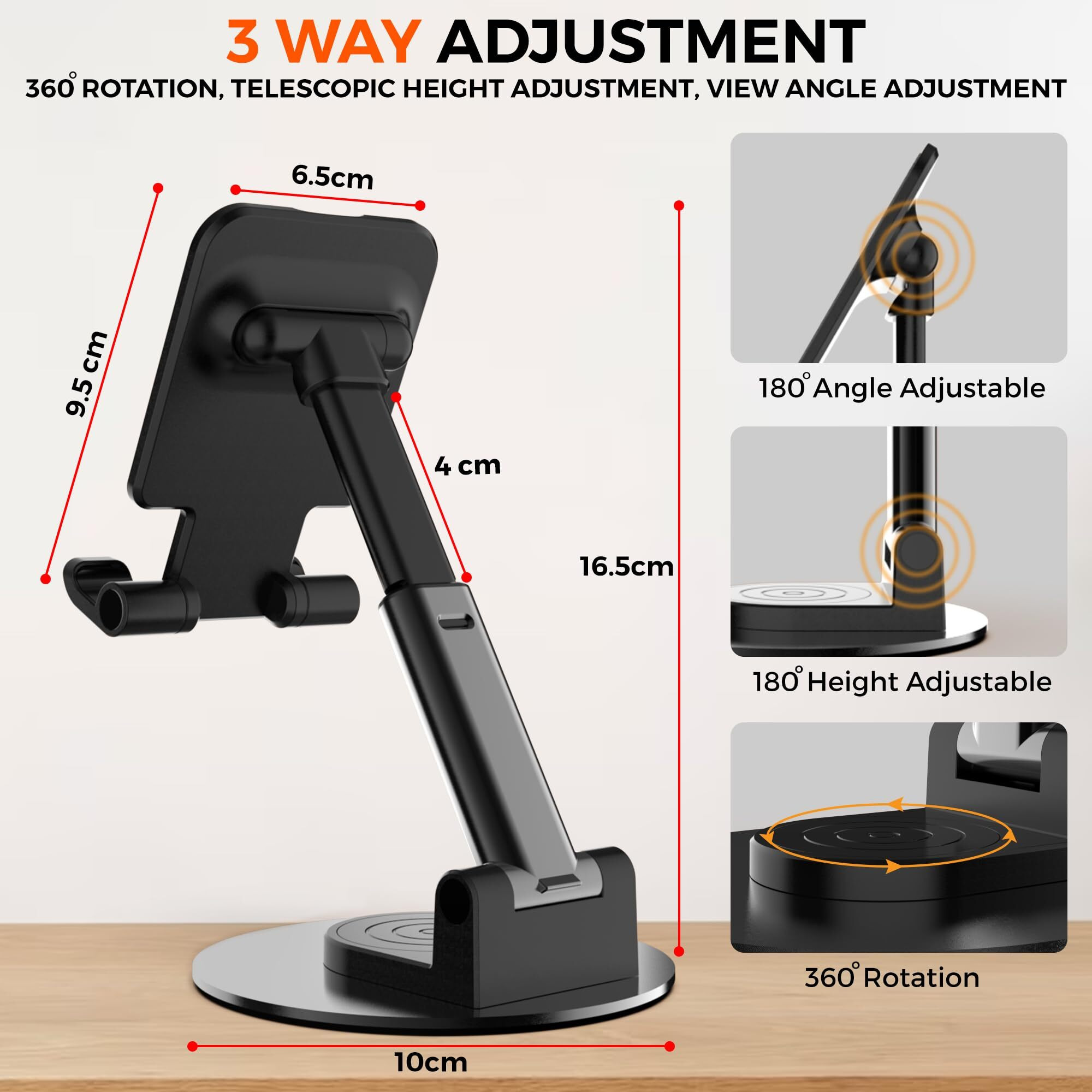 WeCool T1 Rotatable and Foldable Tabletop Mobile Stand with Stable Metalic Round Base,Multiple adjustments of Height and Angle Phone Stand,Mobile Holder for Smartphones,Tablets,Kindles and for iPad