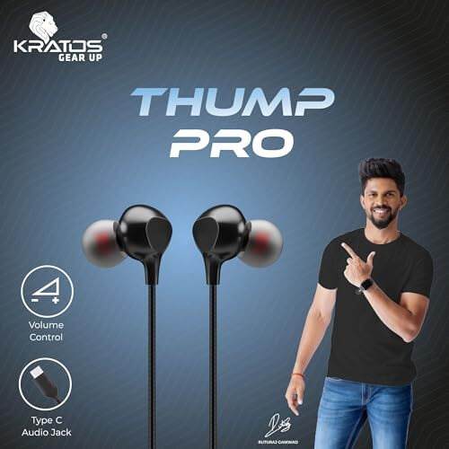 Kratos Type C Earphone with 13 mm Driver, Tangle Free 1.2 Mtr Nylon Braided Wire, in-Line Volume Controller, Ultra Light C Type Earphones Compatible with Oneplus, Samsung, Oppo, Vivo, Redmi
