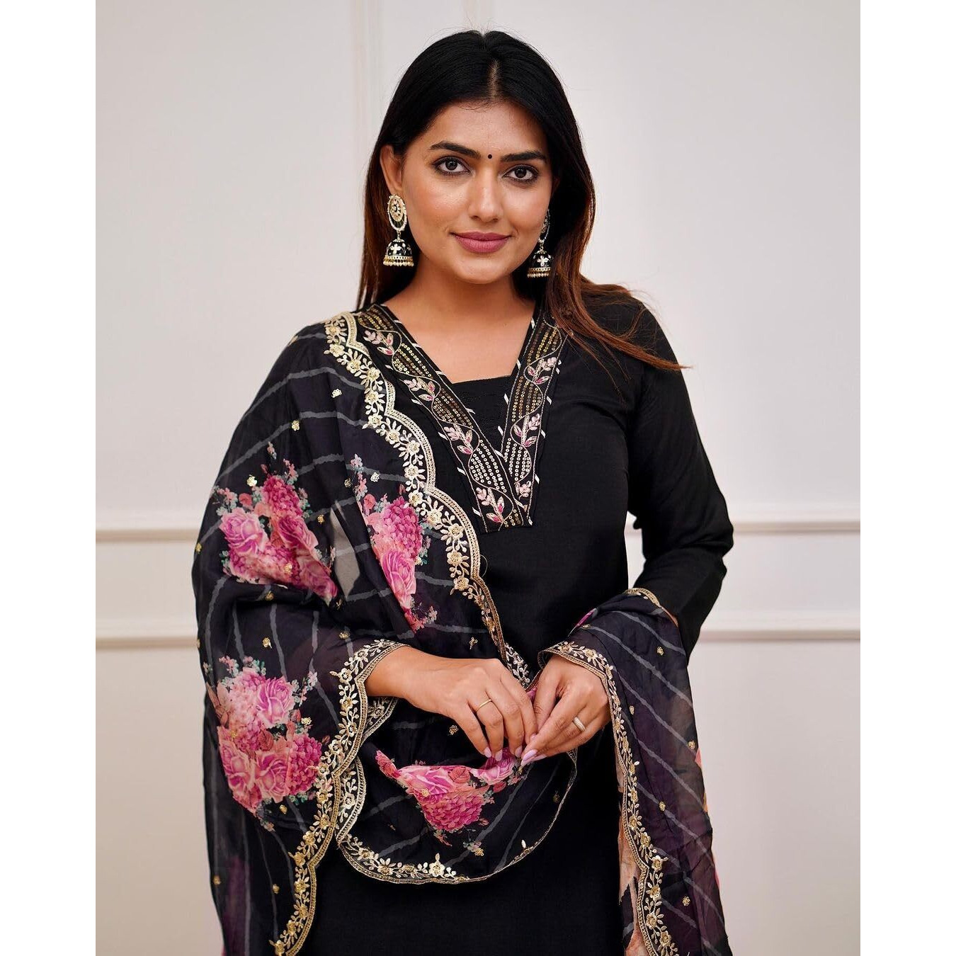 KLOSIA Women Embroidery Kurta and Pant Set with Dupatta | Embroidery Kurta Set | Black Suit (in, Alpha, S, Black)
