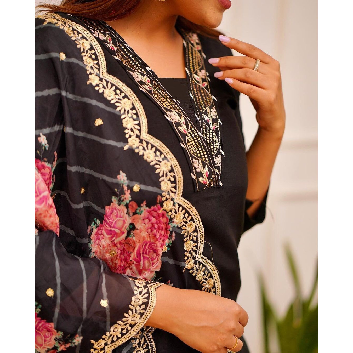 KLOSIA Women Embroidery Kurta and Pant Set with Dupatta | Embroidery Kurta Set | Black Suit (in, Alpha, S, Black)