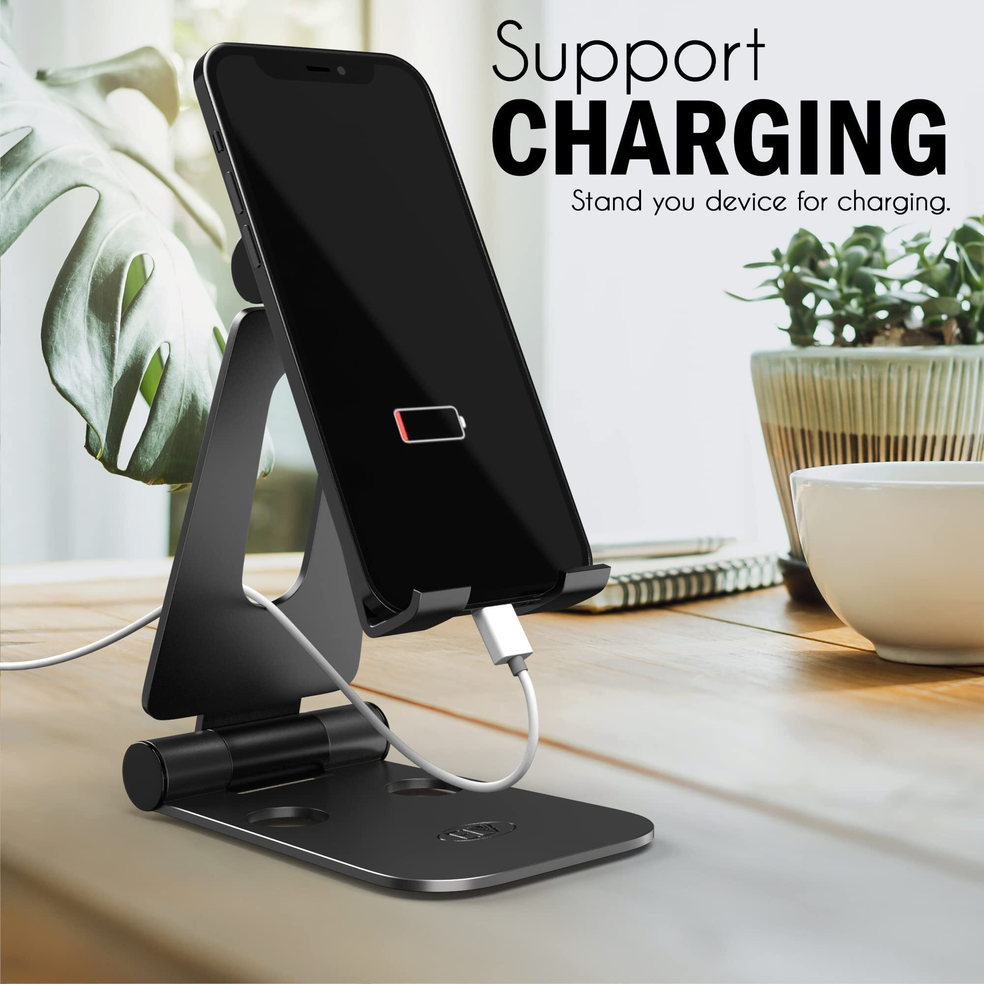 ELV Aluminum Adjustable Mobile Phone Foldable Holder Tabletop Stand, Dock Mount for All Smartphones, Tabs, Kindle, iPad (Black)