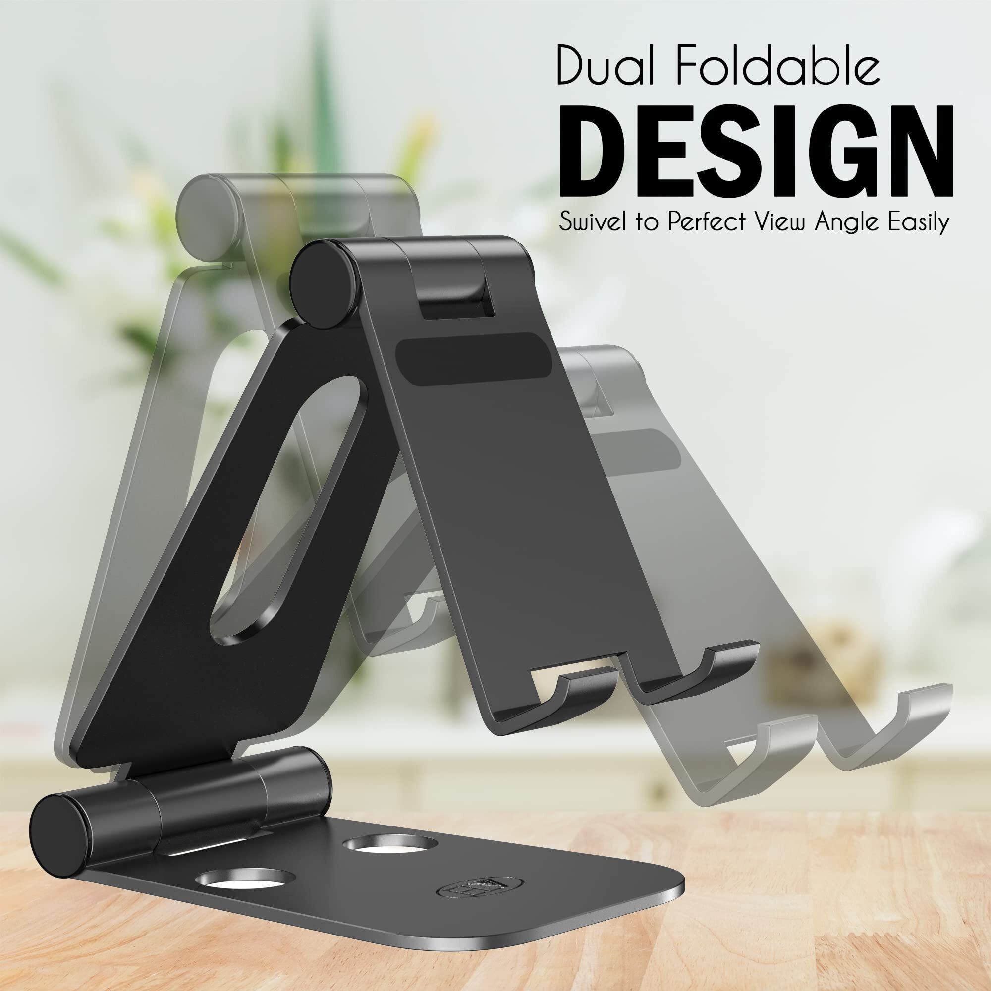 ELV Aluminum Adjustable Mobile Phone Foldable Holder Tabletop Stand, Dock Mount for All Smartphones, Tabs, Kindle, iPad (Black)