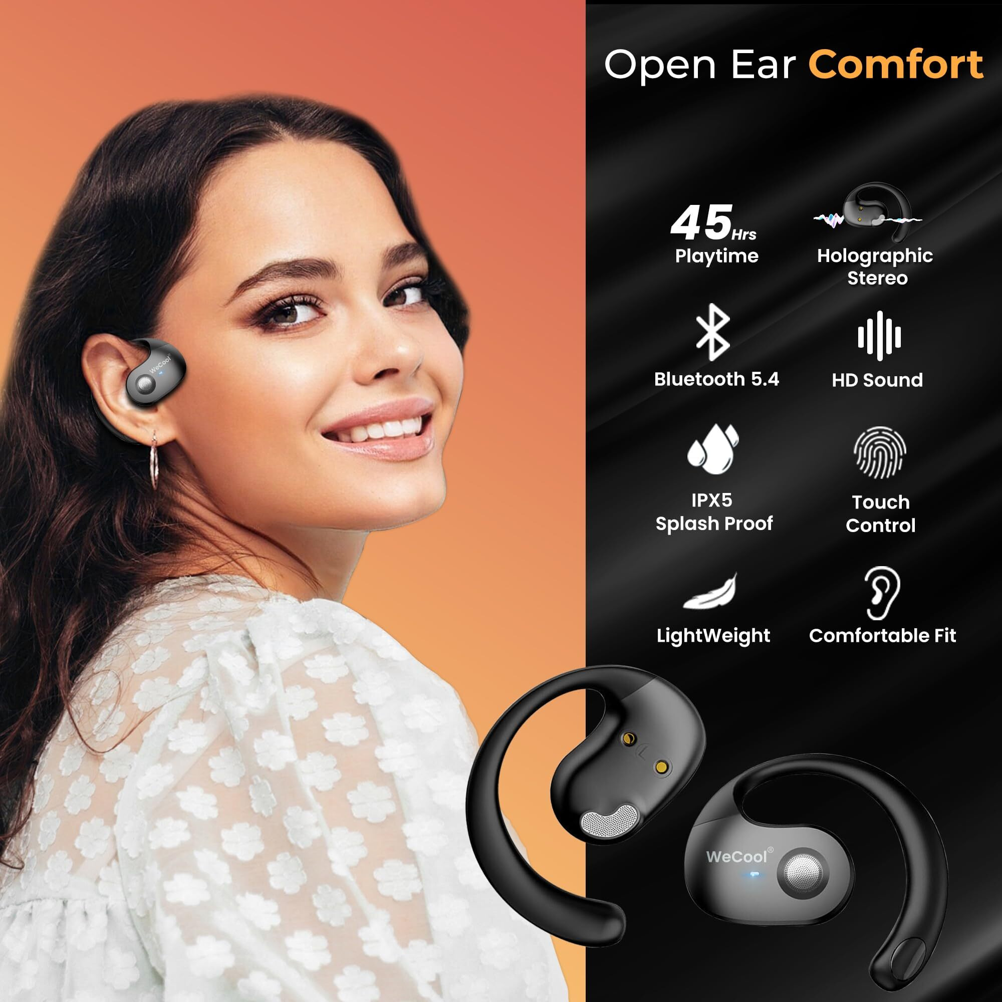 WeCool Moonwalk Mini Ows Bluetooth Open Ear Earphones Wireless with Call Noise Reduction,Ideal for Running,Cycling,and Gym,Long Playtime,Dustproof and Waterproof,C-Type Earphones for Android/iOS-Black