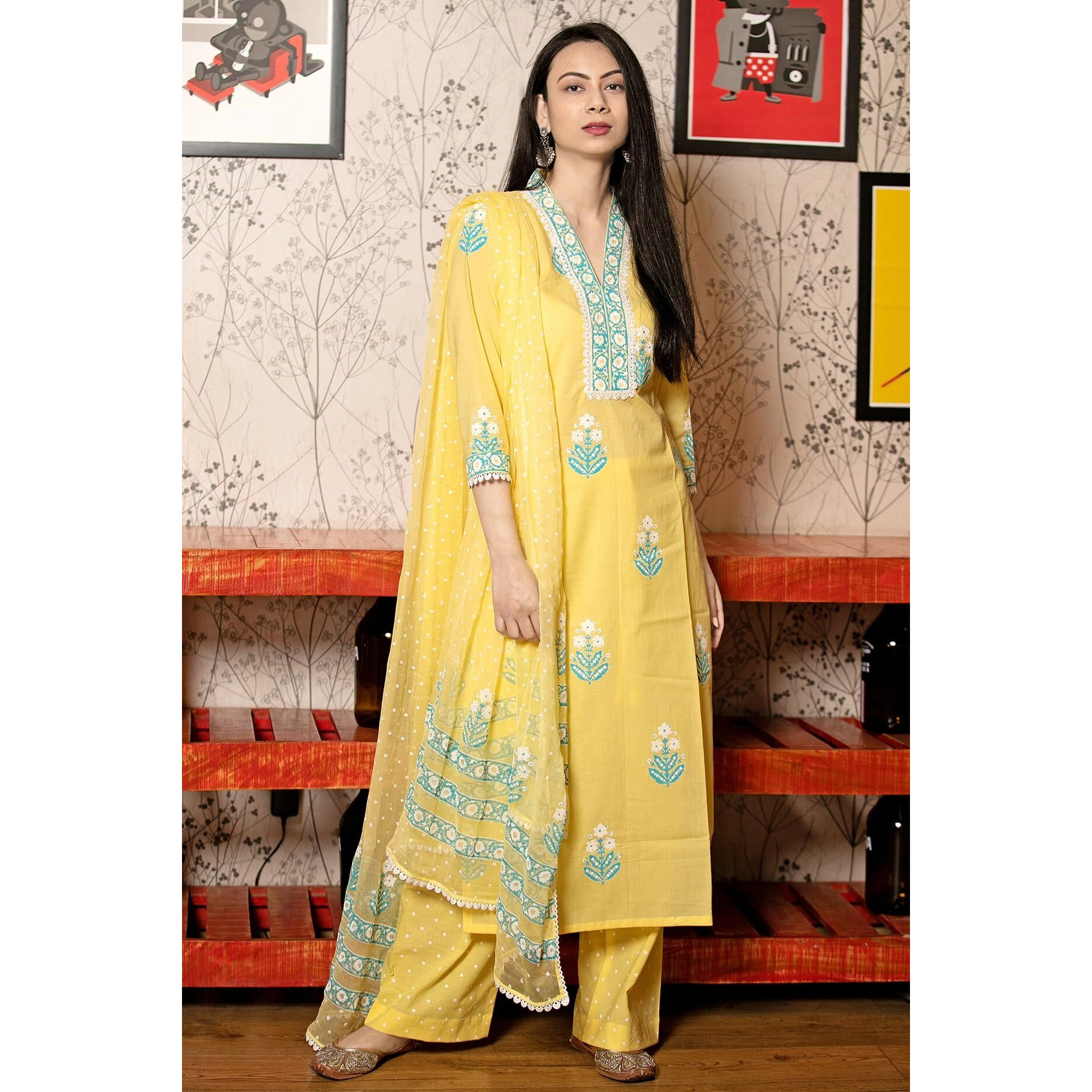 GoSriKi Women's Cotton Blend Straight Hand Block Printed Kurta with Pant & Dupatta (Belagavi Mustard-GS_3XL_Mustard_XXX-Large)