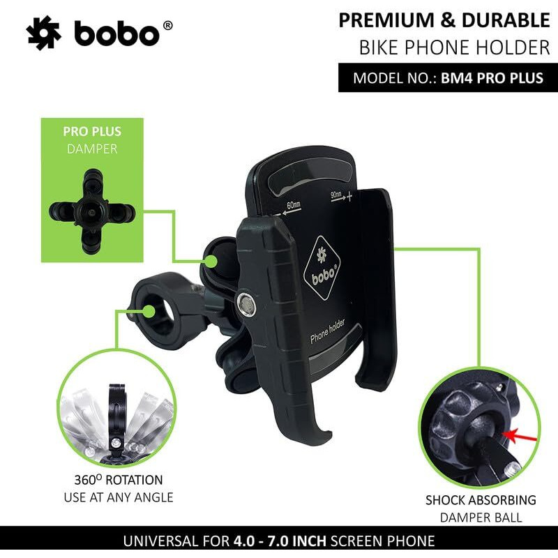 BOBO BM4 PRO Plus Jaw-Grip with PRO Plus Vibration Damper Waterproof Bike/Motorcycle/Scooter Mobile Phone Holder Mount, Ideal for Maps and GPS Navigation (Black)