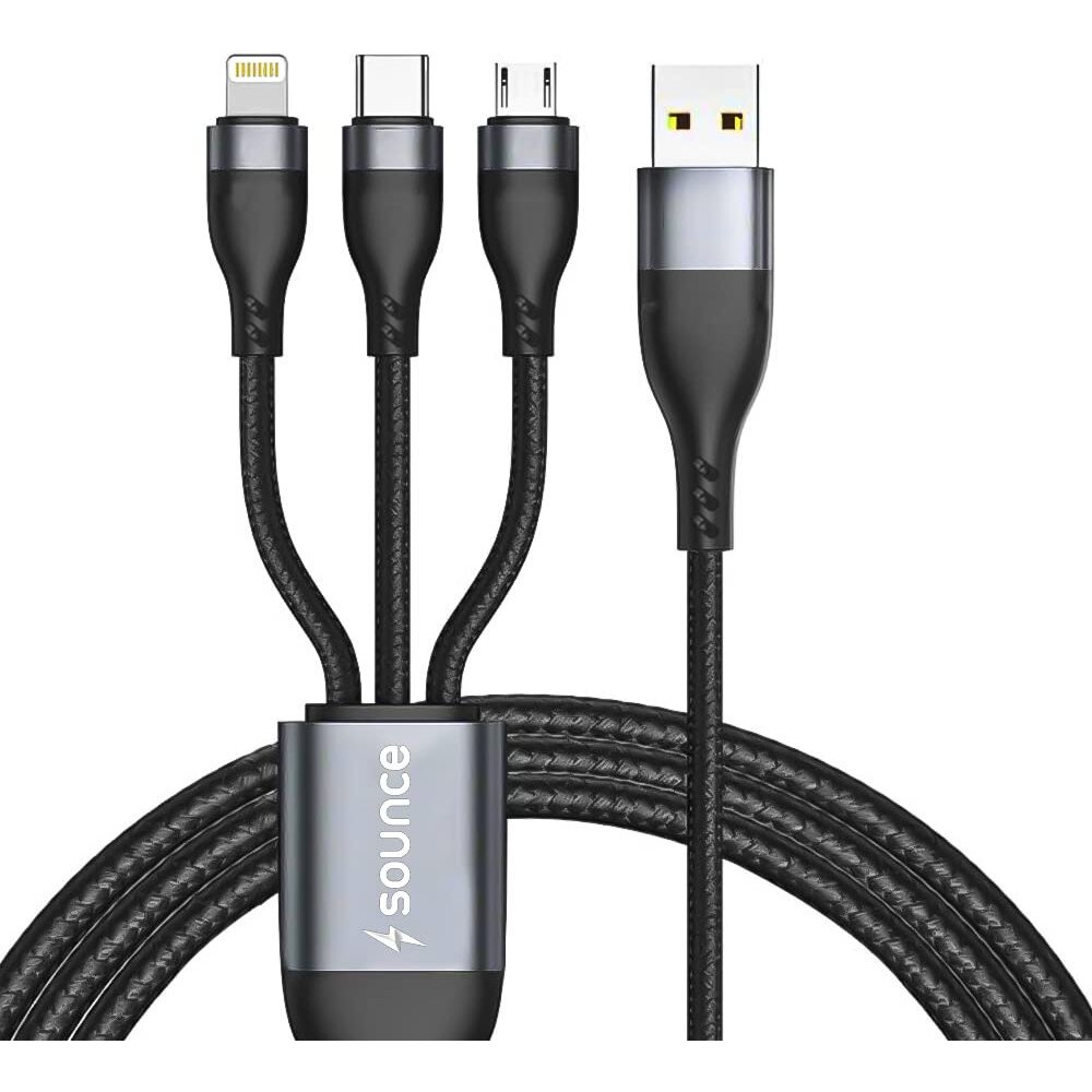 Sounce 100W/6A Speed Fast Charging Usb 3.0 Cable 4 Ft/1.2M To 3-In-1 Long Charging Cord With Type C + Micro Usb + Lightning Connector 480 Mbps Data Transfer For Laptop,Tablets,Smartphones&More, Black