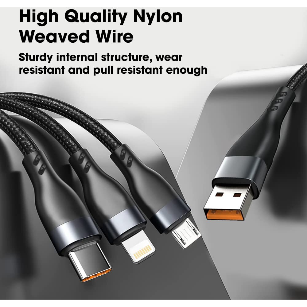 Sounce 100W/6A Speed Fast Charging Usb 3.0 Cable 4 Ft/1.2M To 3-In-1 Long Charging Cord With Type C + Micro Usb + Lightning Connector 480 Mbps Data Transfer For Laptop,Tablets,Smartphones&More, Black