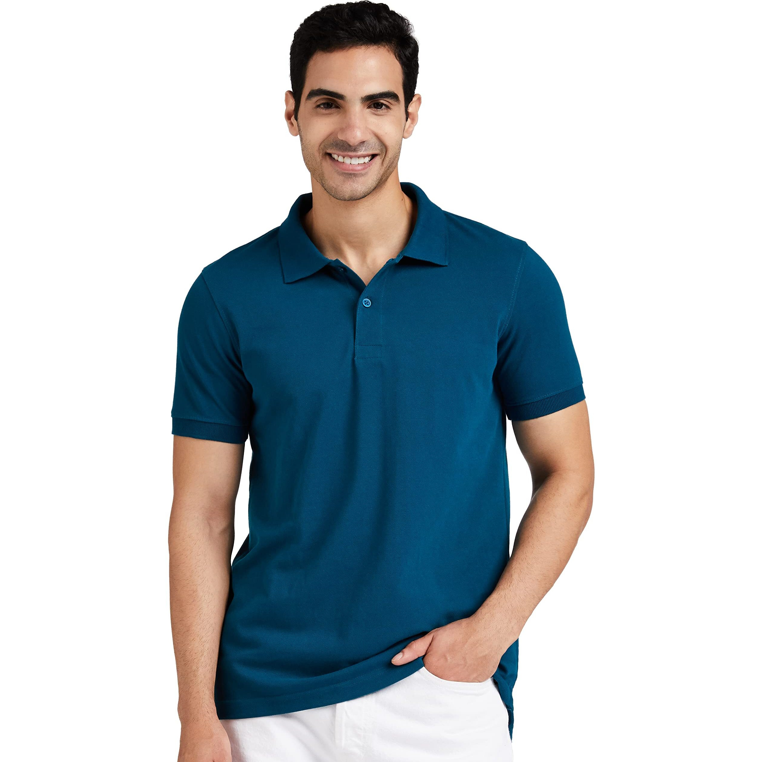 Amazon Brand - Symbol Men's Solid Cotton Rich Polo T Shirt | Collar Tshirts | Half Sleeves | Plain-Regular Fit (Fog Teal_M) (Available in Plus Size)