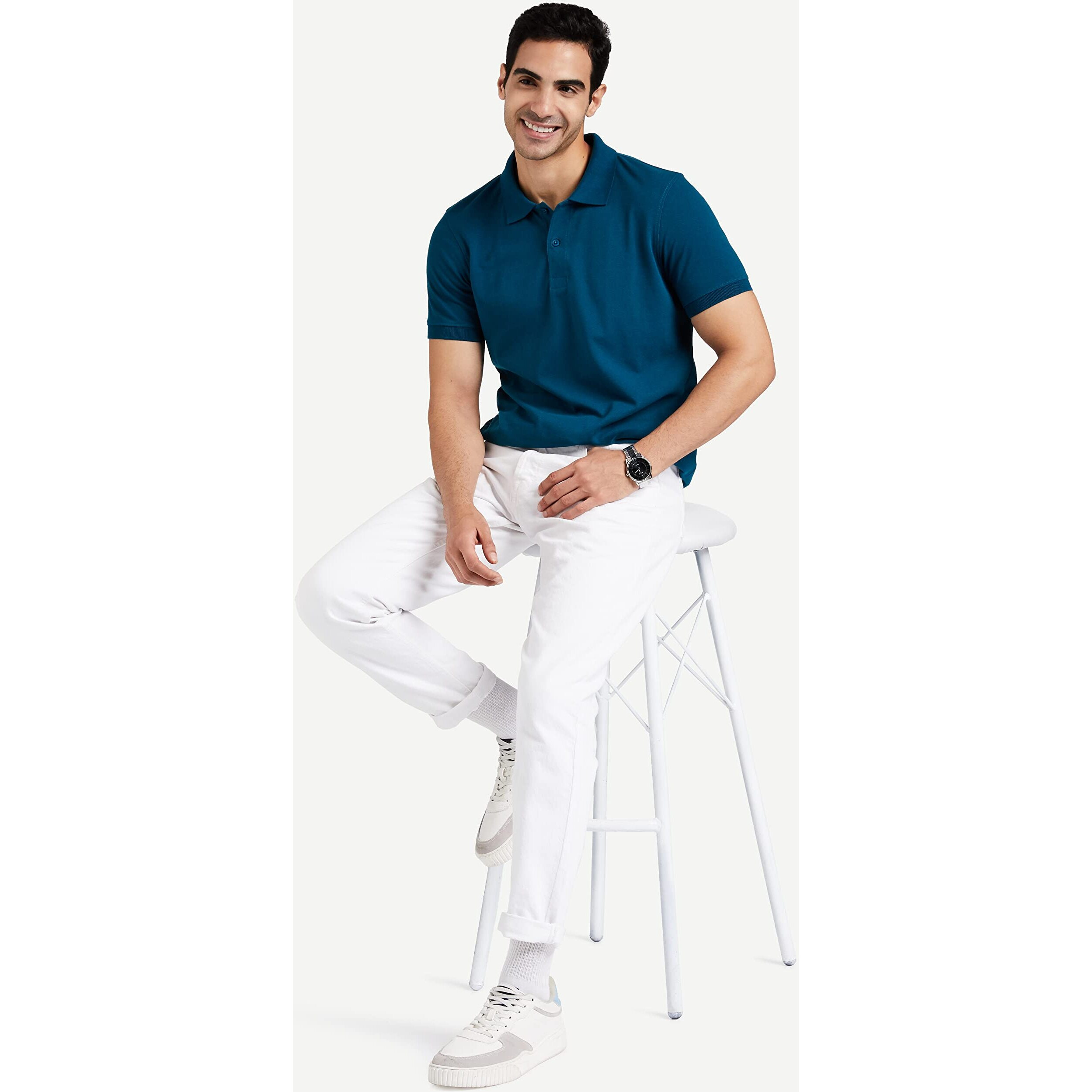 Amazon Brand - Symbol Men's Solid Cotton Rich Polo T Shirt | Collar Tshirts | Half Sleeves | Plain-Regular Fit (Fog Teal_M) (Available in Plus Size)