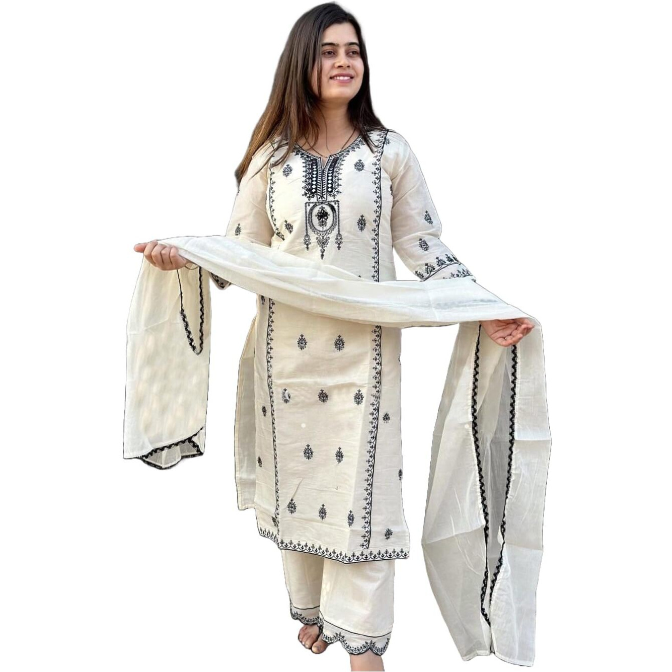 GoSriKi Women's Rayon Blend Straight Embroidered Kurta with Pant & Dupatta (DEVANAGRI White-GS_XL_White_X-Large)