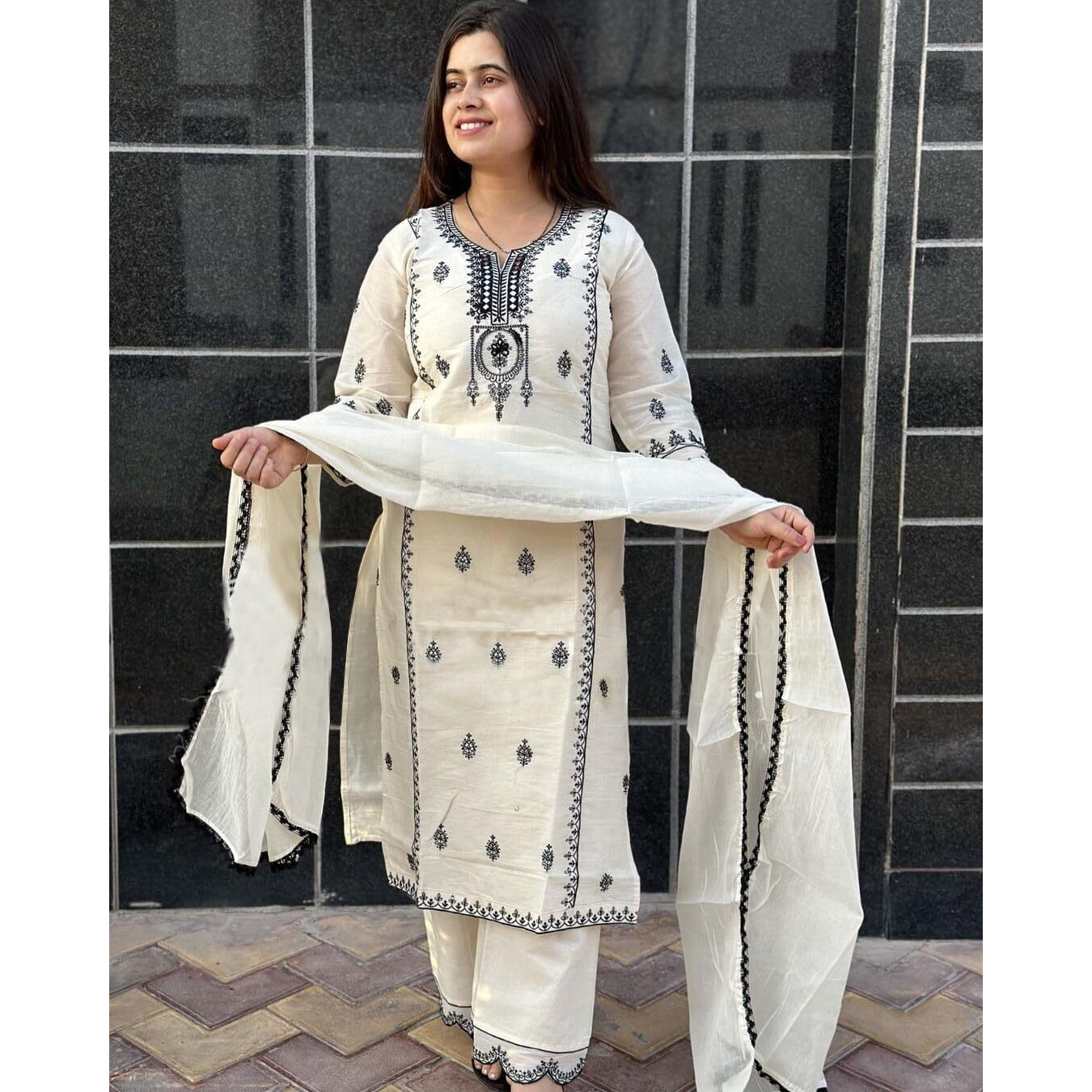 GoSriKi Women's Rayon Blend Straight Embroidered Kurta with Pant & Dupatta (DEVANAGRI White-GS_XL_White_X-Large)