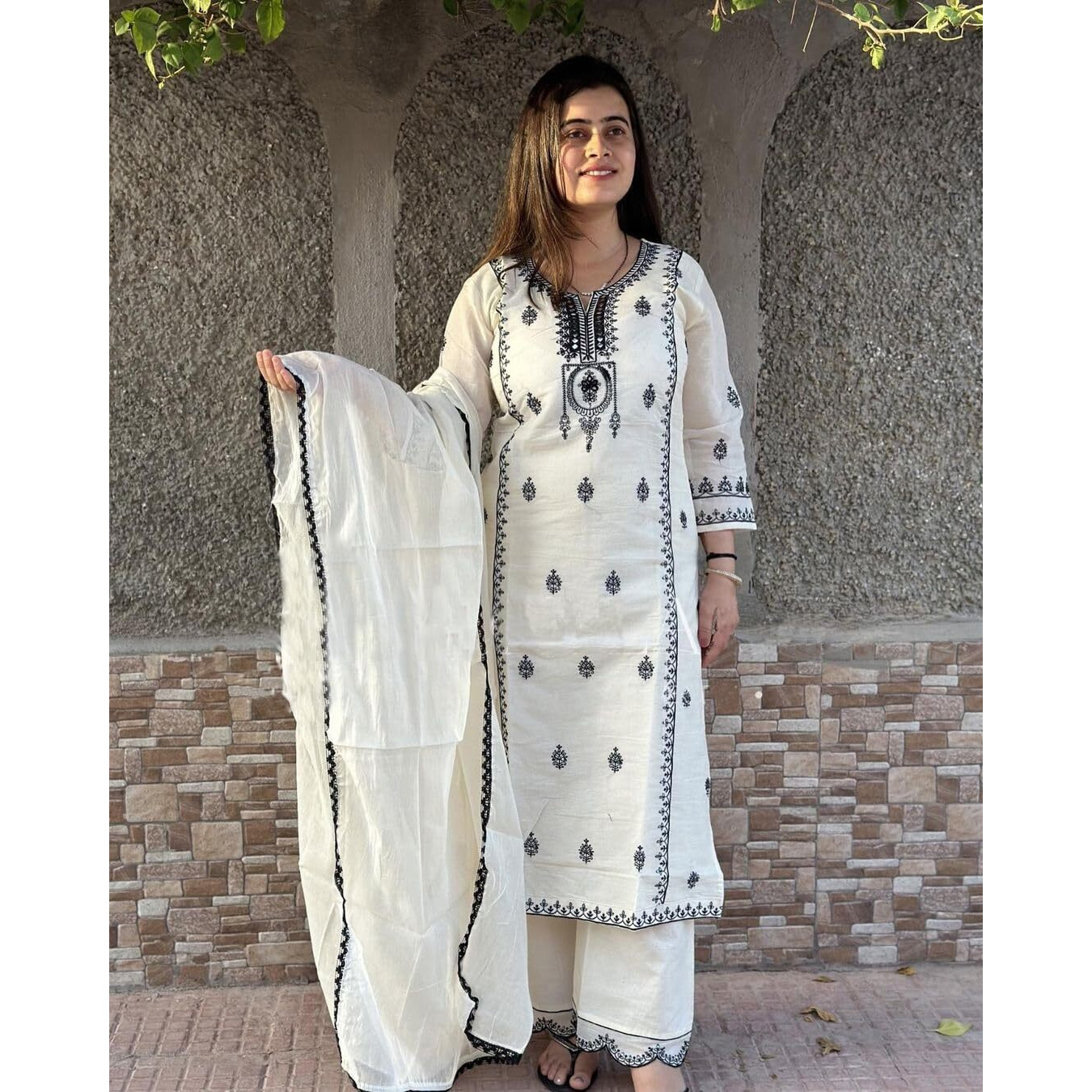 GoSriKi Women's Rayon Blend Straight Embroidered Kurta with Pant & Dupatta (DEVANAGRI White-GS_XL_White_X-Large)