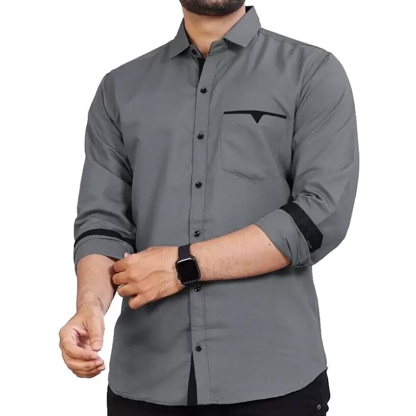 CB-COLEBROOK Men Regular Fit Solid Spread Collar Casual Shirt (Large, Cadet Grey)