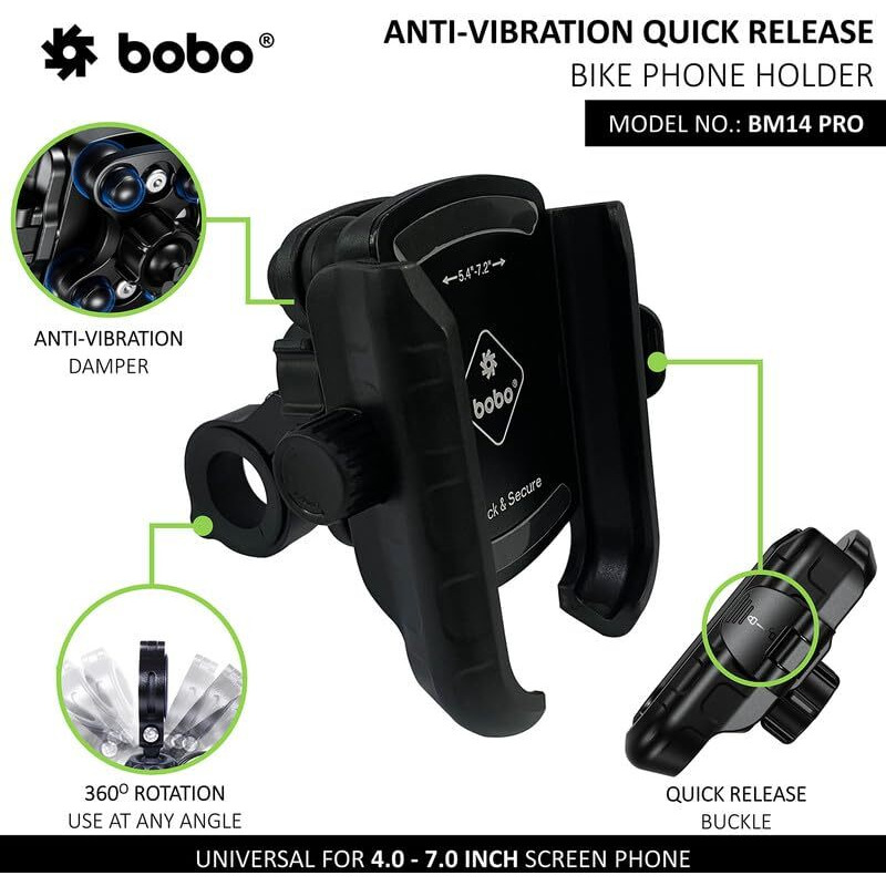 BOBO BM14 PRO Quick Release with Vibration Controller Waterproof Bike/Motorcycle/Scooter Mobile Phone Holder Mount, Ideal for Maps and GPS Navigation (Black)