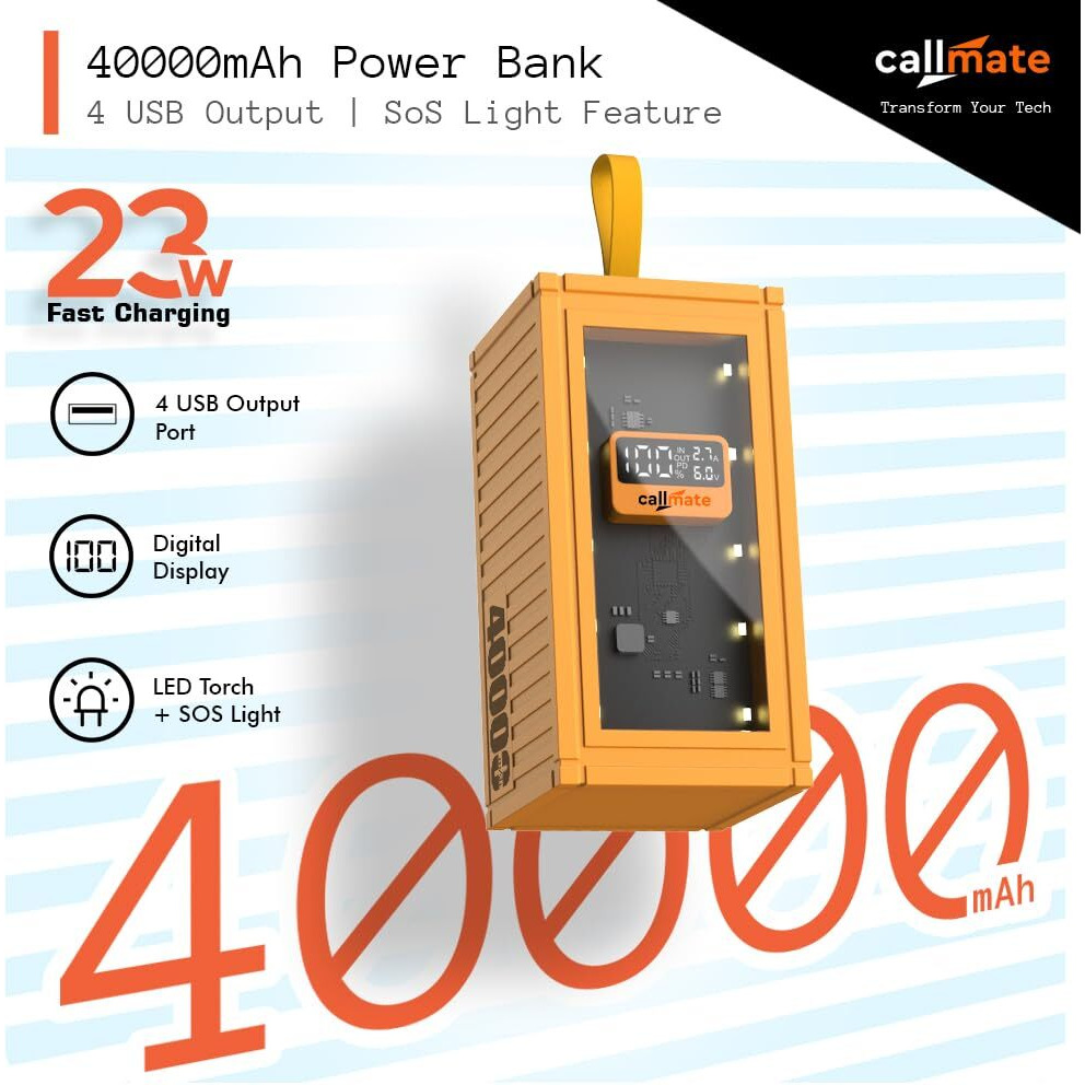 Callmate Ultrafuse Max 40000mAh Ultra High Capacity Power Bank, 23 W Fast Charging |Digital Display |4 USB Output Ports and 3 Input |LED Light with SOS| for Smartphones and Other Devices (CM-115)