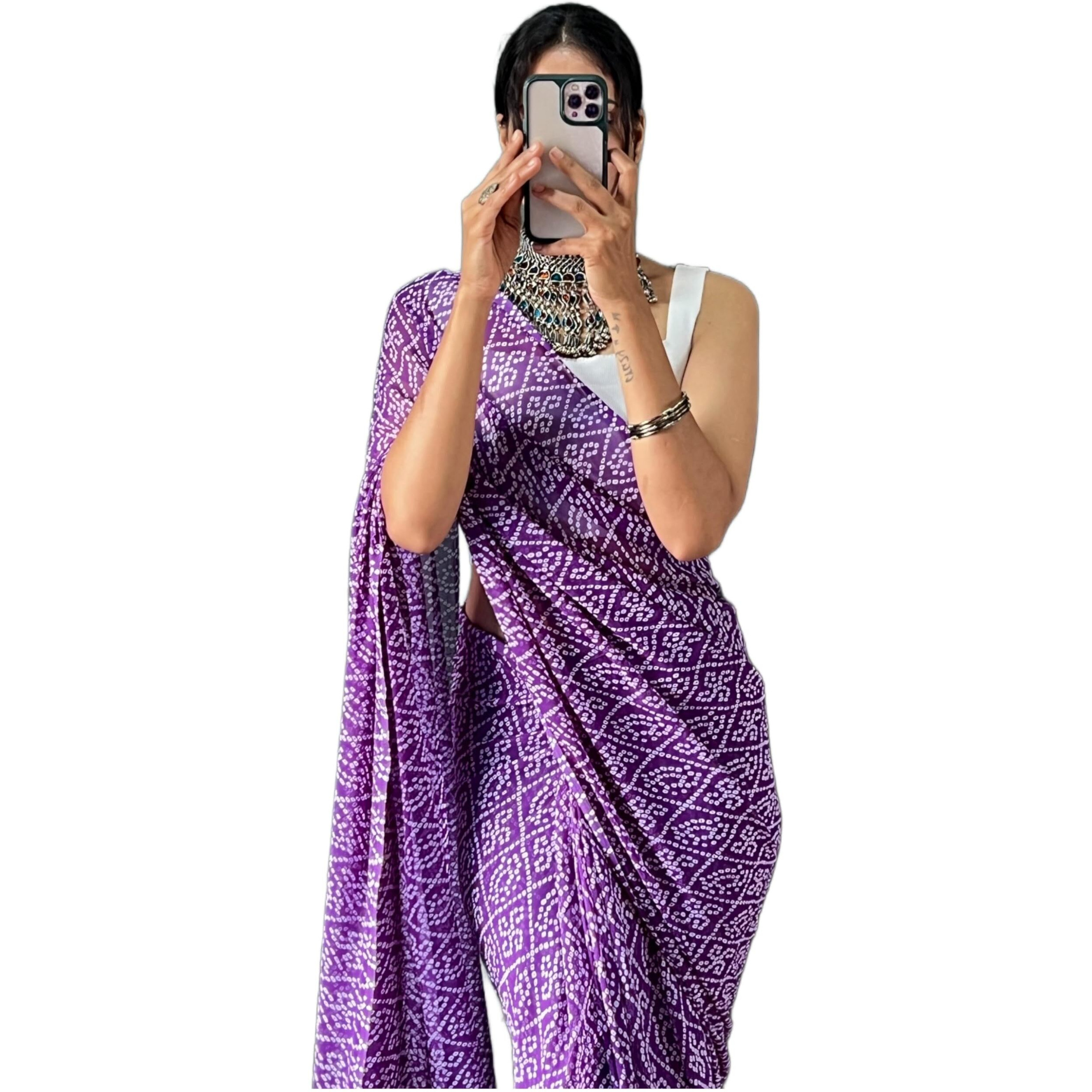 Stylescope Women's Printed Georgette Ready To Wear One Minute Saree With Unstitched Blouse Piece (RTW Bandhej Purple_Purple_Free Size)