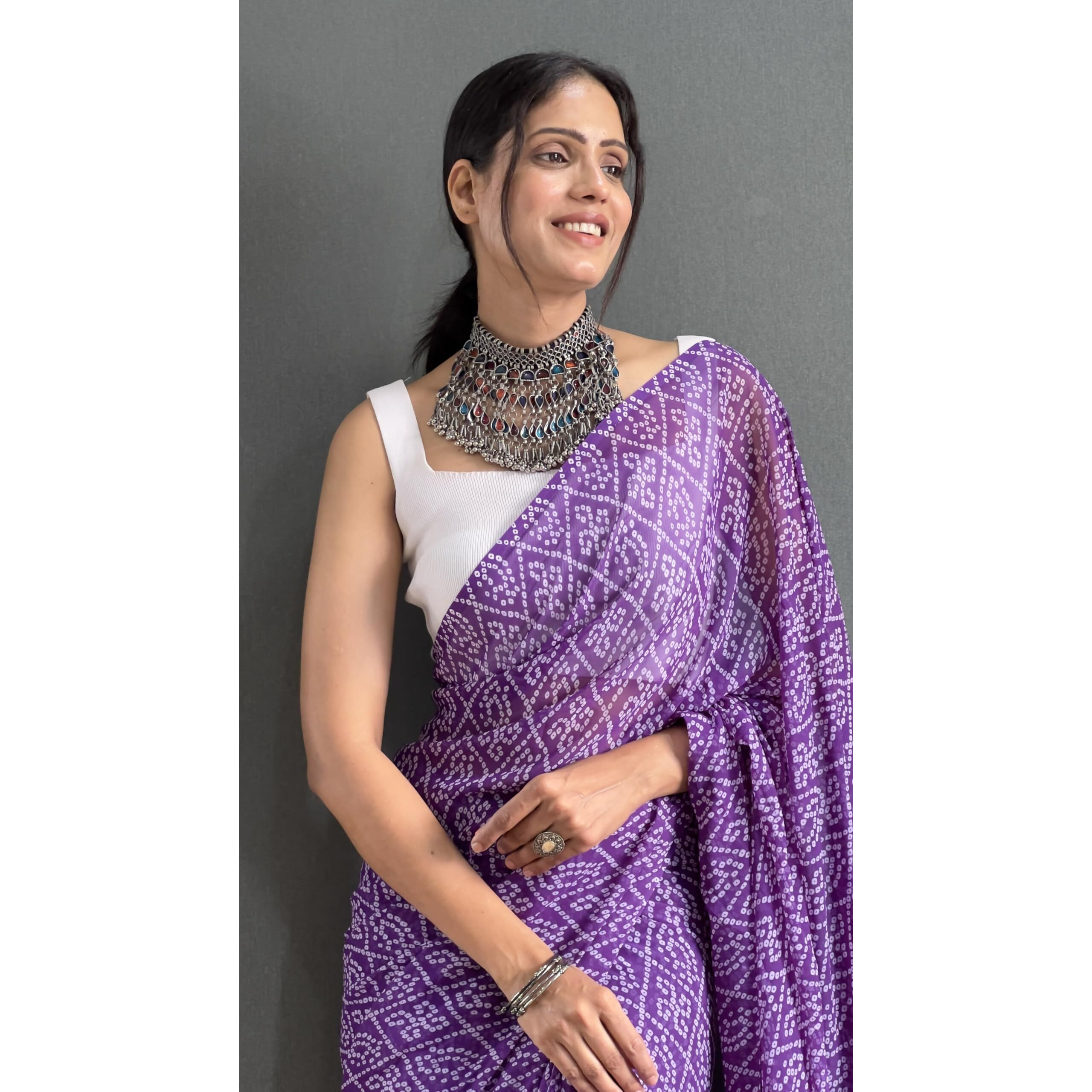 Stylescope Women's Printed Georgette Ready To Wear One Minute Saree With Unstitched Blouse Piece (RTW Bandhej Purple_Purple_Free Size)