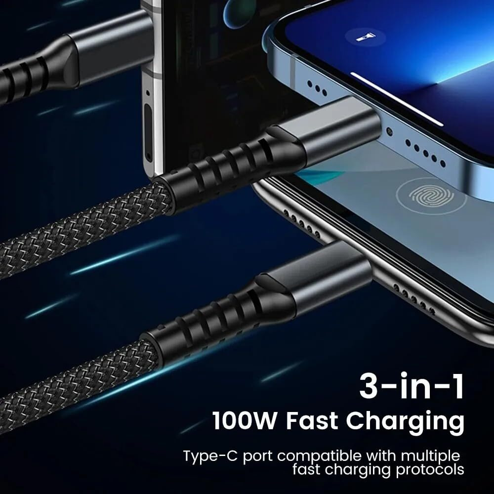 Sounce 120W/6A Fast Charging Usb 3.0 Cable 4 Ft / 1.2M To 3-In-1 Long Charging Cord With Type C + Micro Usb + Lightning Connector 480 Mbps Data Transfer For Laptop,Tablets,Smartphones & More