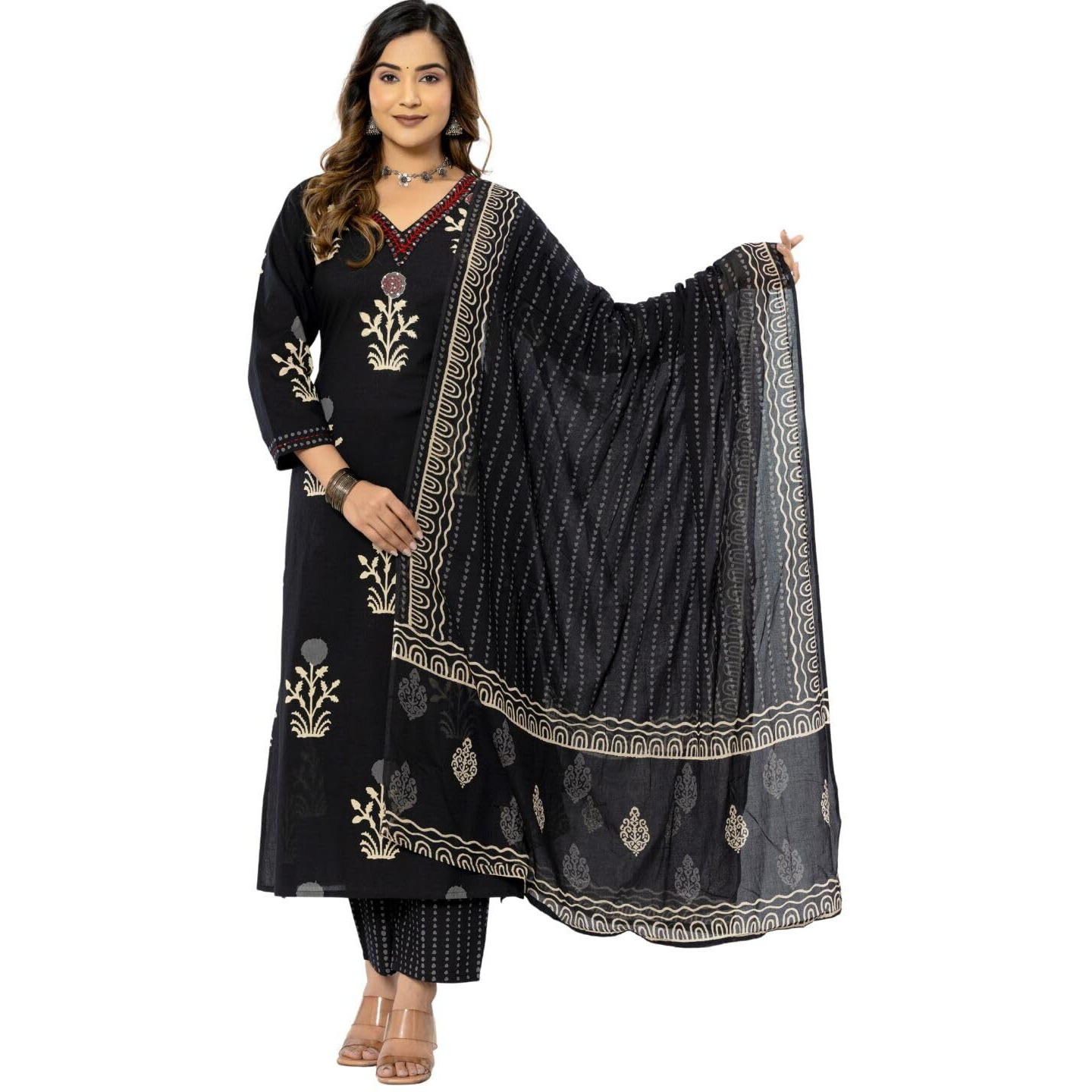 rytras Women's Cotton Printed Straight Kurta with Pant and Dupatta Set(RYT560,Black,L)
