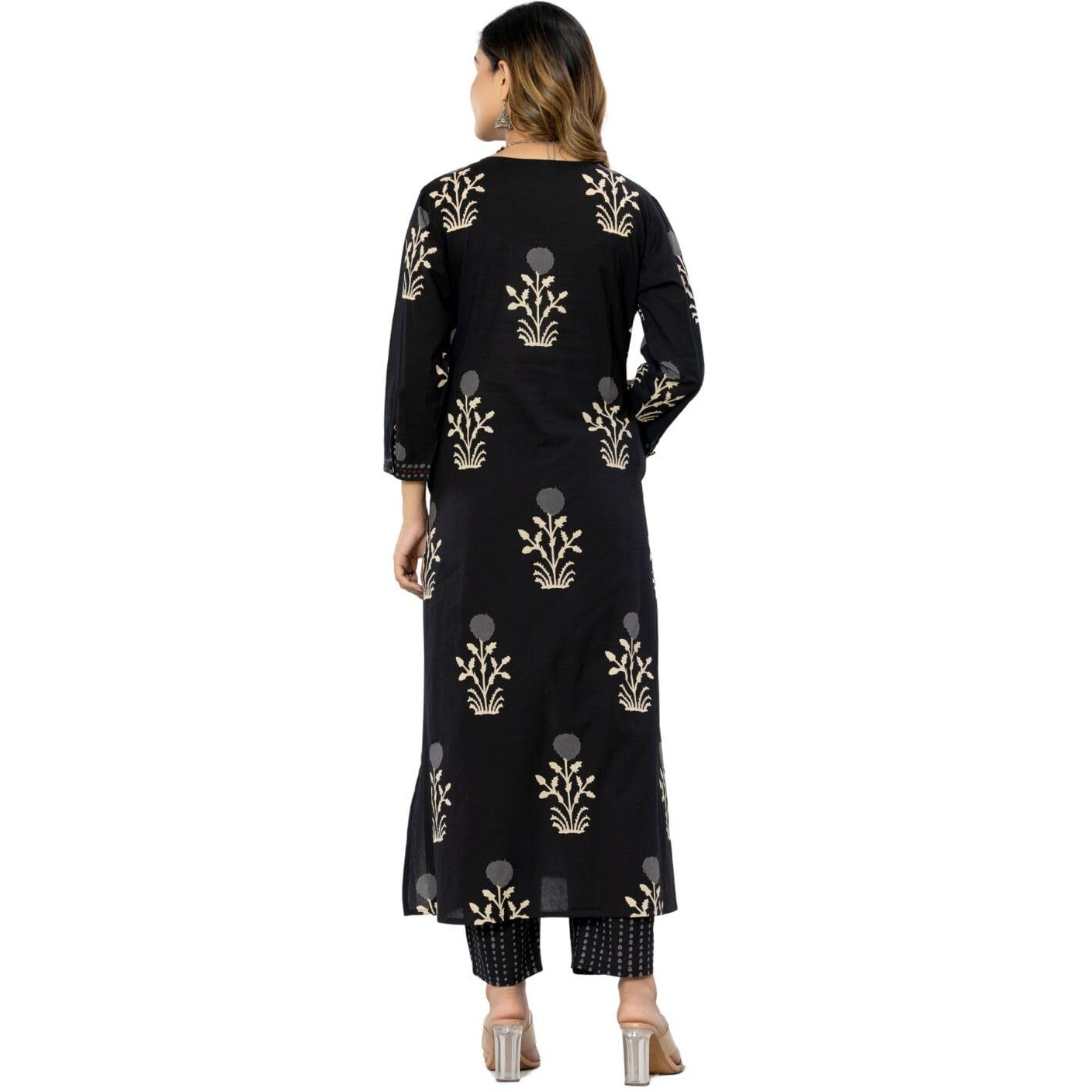 rytras Women's Cotton Printed Straight Kurta with Pant and Dupatta Set(RYT560,Black,L)