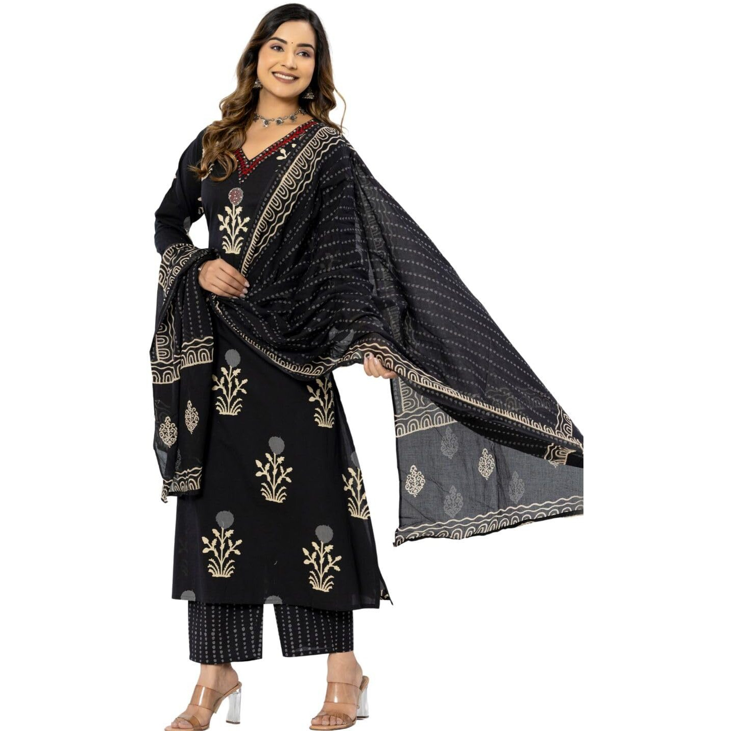 rytras Women's Cotton Printed Straight Kurta with Pant and Dupatta Set(RYT560,Black,L)