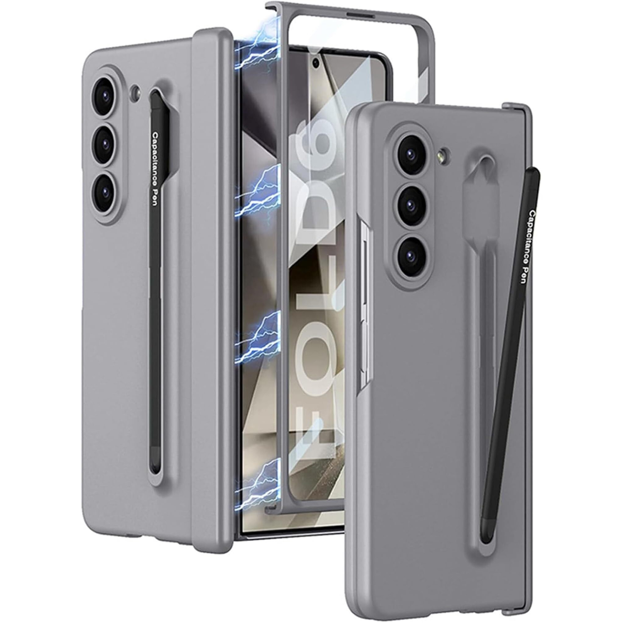 Kapa Contrast Magnetic Hinge Case for Samsung Galaxy Z Fold 6 | Inbuilt S-Pen Holder Stand Hybrid Back Cover (Grey with Black Pen)