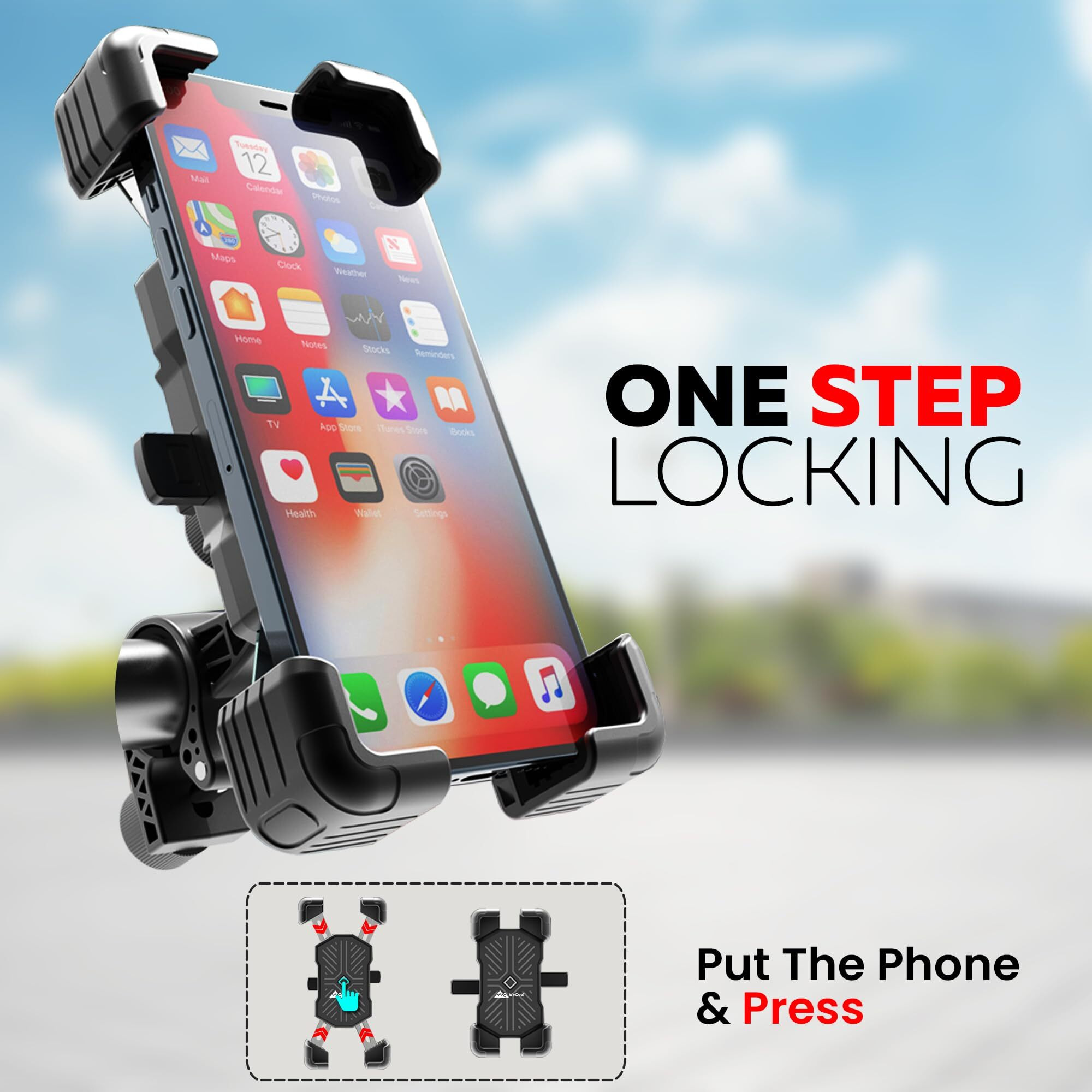 WeCool B4 High Stable Mobile Holder for Bikes,One Click Locking,4 Arm Strong Protection,360 Rotation,Compatible with All Smartphones of 6.5 Cm-9 Cm,Perfect for Mounting Map&GPS Devices,Black