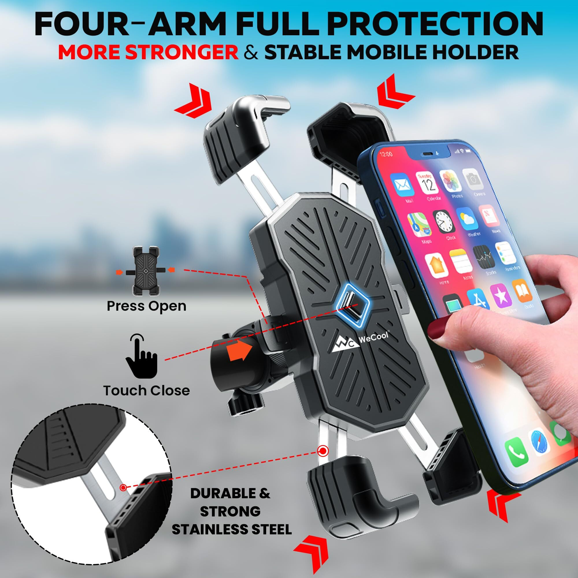WeCool B4 High Stable Mobile Holder for Bikes,One Click Locking,4 Arm Strong Protection,360 Rotation,Compatible with All Smartphones of 6.5 Cm-9 Cm,Perfect for Mounting Map&GPS Devices,Black