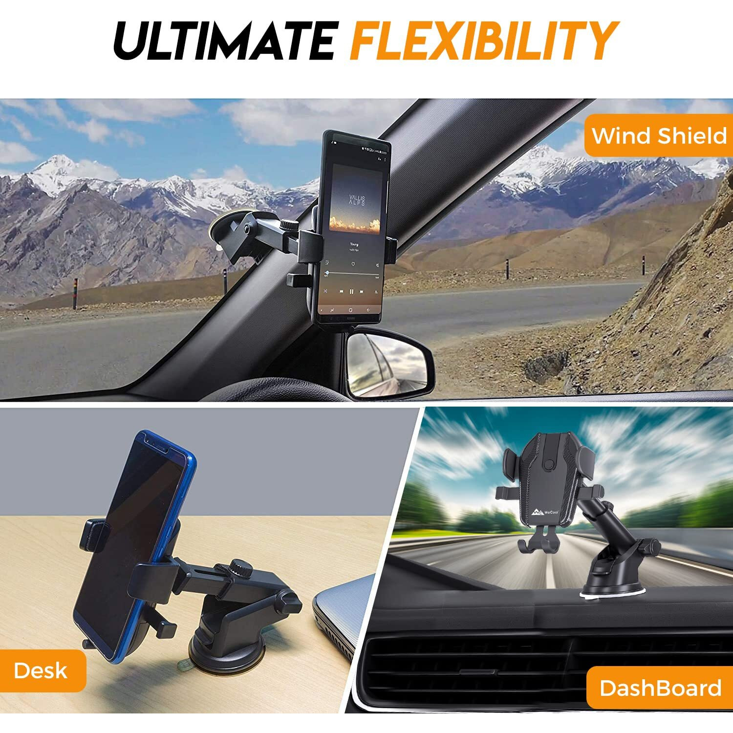 WeCool C1 Car Mobile Holder, Multiple View Angle with Height Adjust & 360 Rotation, Strong Suction for Windshield & Dashboard, Universal Mobile Holder for Car with One-Click Lock for All Smartphones