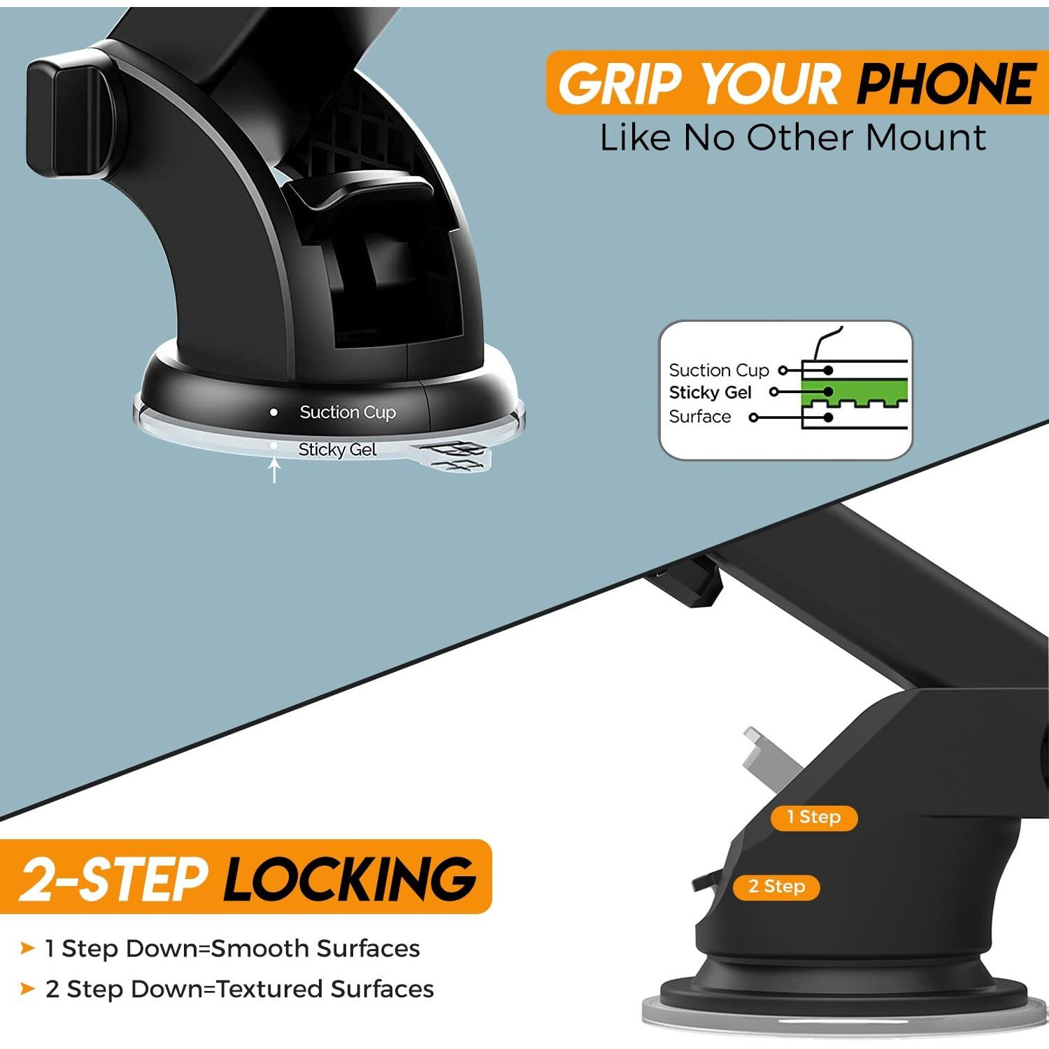 WeCool C1 Car Mobile Holder, Multiple View Angle with Height Adjust & 360 Rotation, Strong Suction for Windshield & Dashboard, Universal Mobile Holder for Car with One-Click Lock for All Smartphones