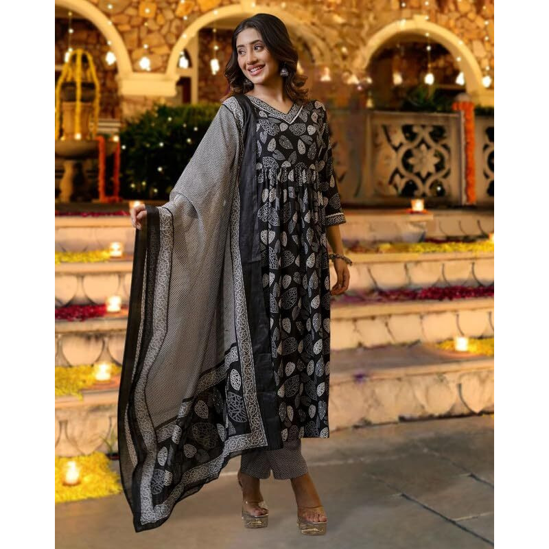 I ENTERPRISE Kurta Set for Women | Women Kurta Set with Dupatta | Women Kurta Sets Kurtis | Women Kurta Pant Set | Traditional | Ethnic Set | Suit | Color_ Black Size- L