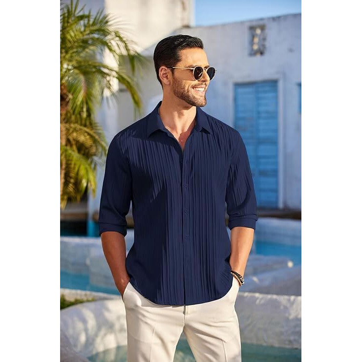 CB-COLEBROOK Men's Casual Button Down Shirts Long Sleeve Linen Shirt Fashion Textured Beach Summer Shirt (in, Alpha, XL, Regular, Navy Blue)