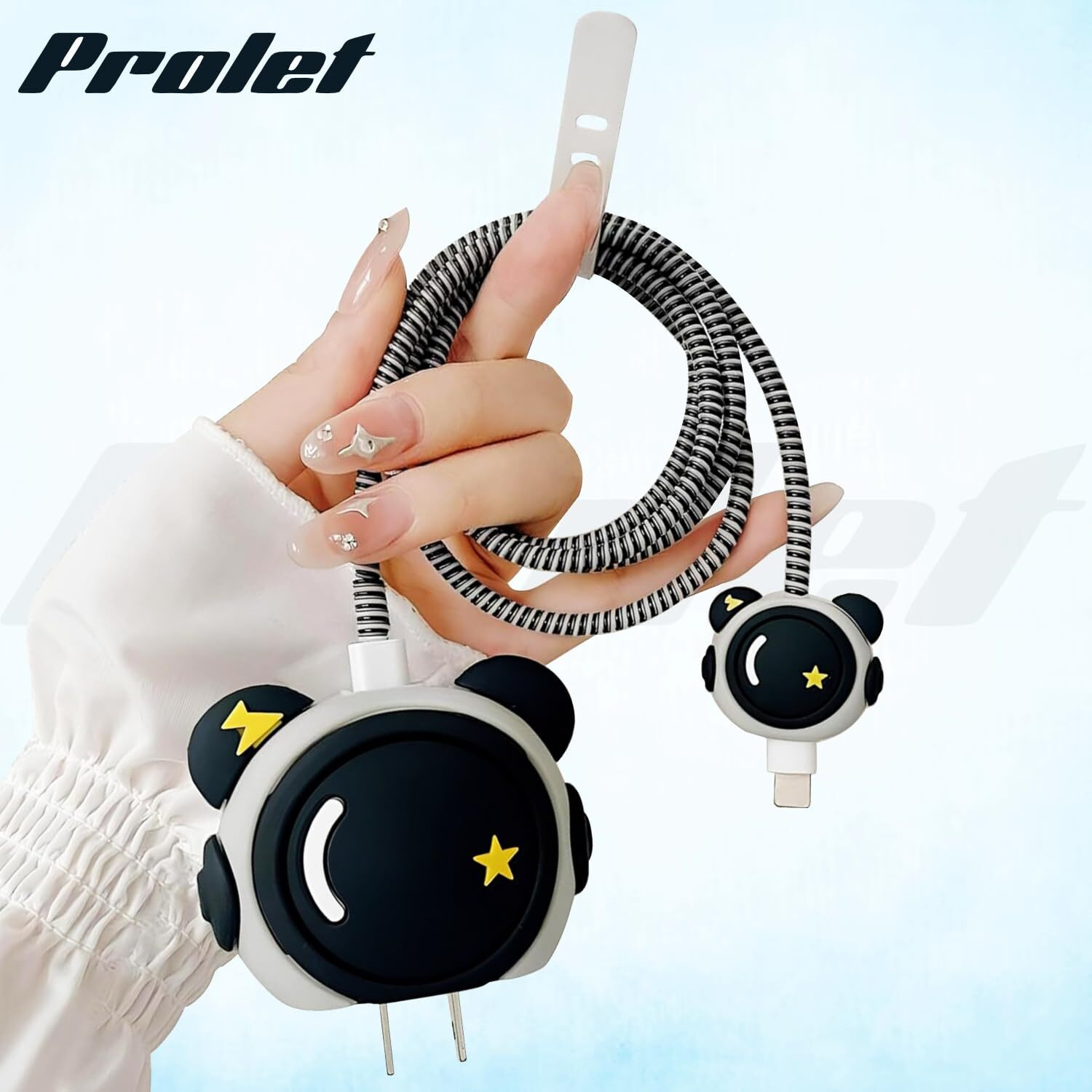 Prolet Cable Protector with 3D Cute Pattern for iPhone Charger only 18W & 20W, Data Line Wire Saver Charging Cable Charger Protective Cable,Full Protection Cover 4 in 1-Black Astronaut