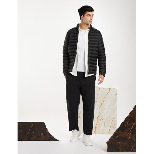 Amazon Brand - Symbol Men's Nylon Quilted Puffer Standard Length Jacket Black L