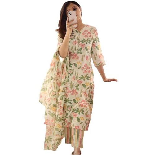 ANNI DESIGNER Women's Cotton Blend Printed Straight Kurta with Pant & Dupatta (Kumud Cream_L_Cream_Large)