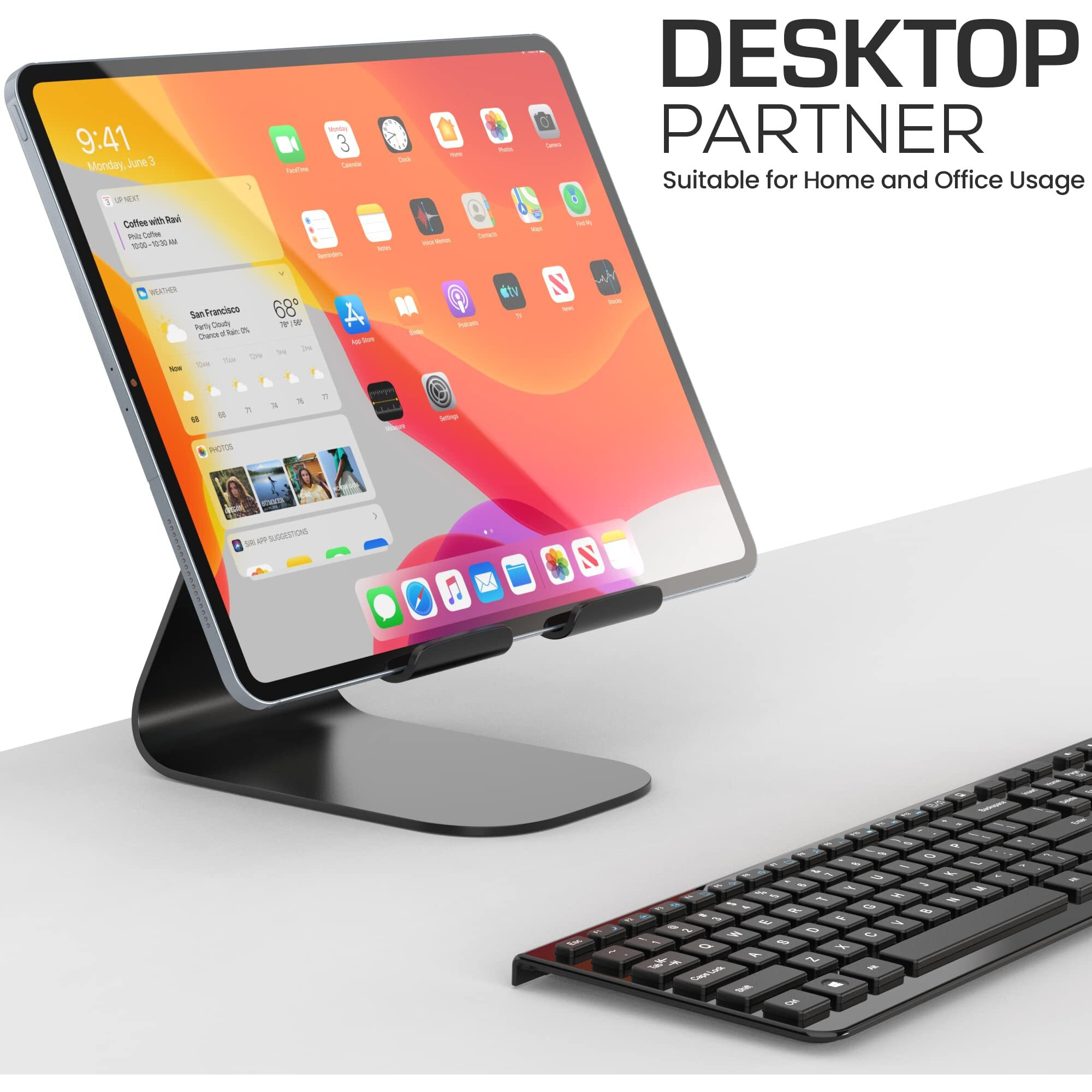 ELV Direct Tablet Stand Aluminium Adjustable Foldable Cell Phone Holder Mount Multi-Angle Dock, Aluminium Alloy, Anti-Slip Pads for Home, Office Desk, Study and Bed (4"-13") - (Black) Tabletop