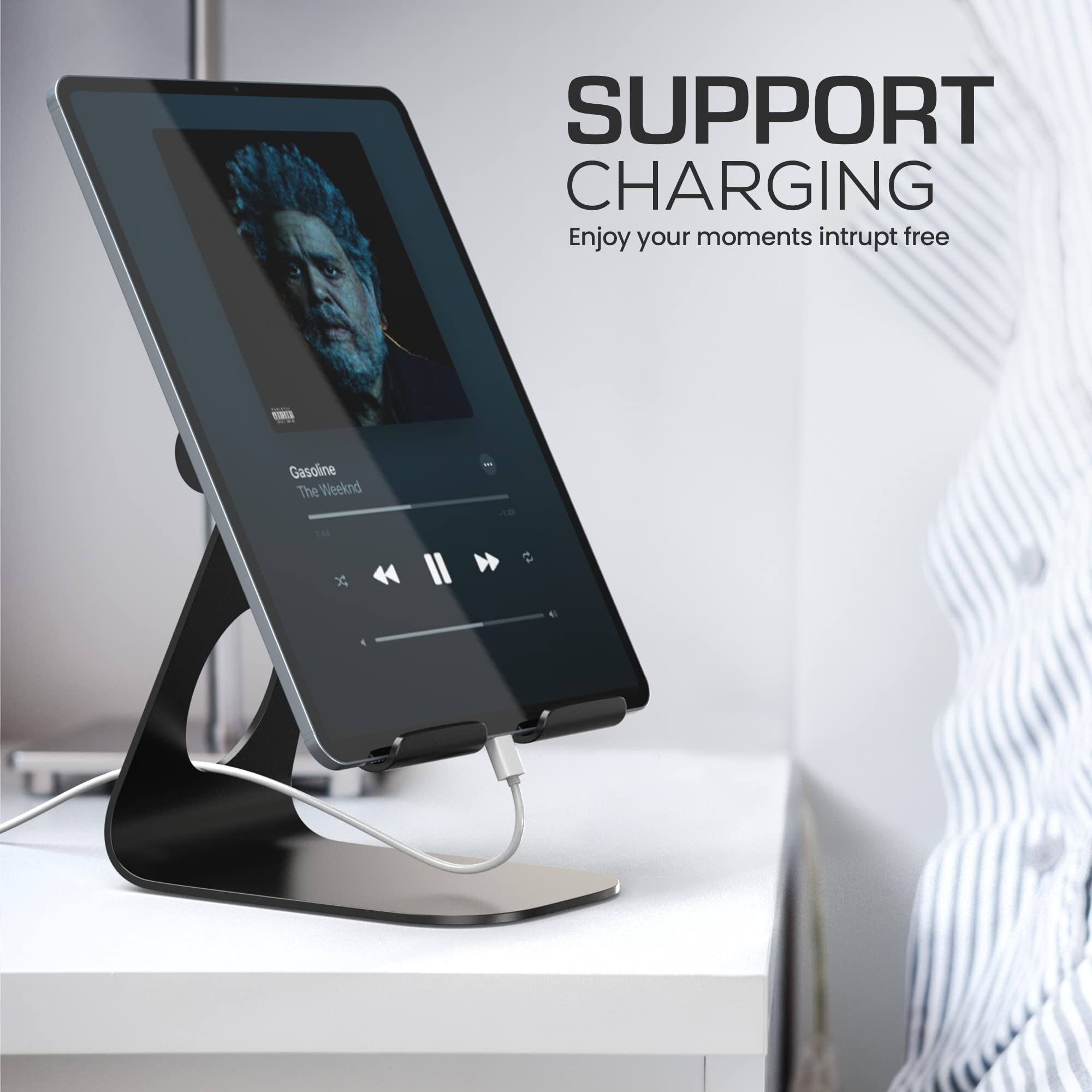 ELV Direct Tablet Stand Aluminium Adjustable Foldable Cell Phone Holder Mount Multi-Angle Dock, Aluminium Alloy, Anti-Slip Pads for Home, Office Desk, Study and Bed (4"-13") - (Black) Tabletop