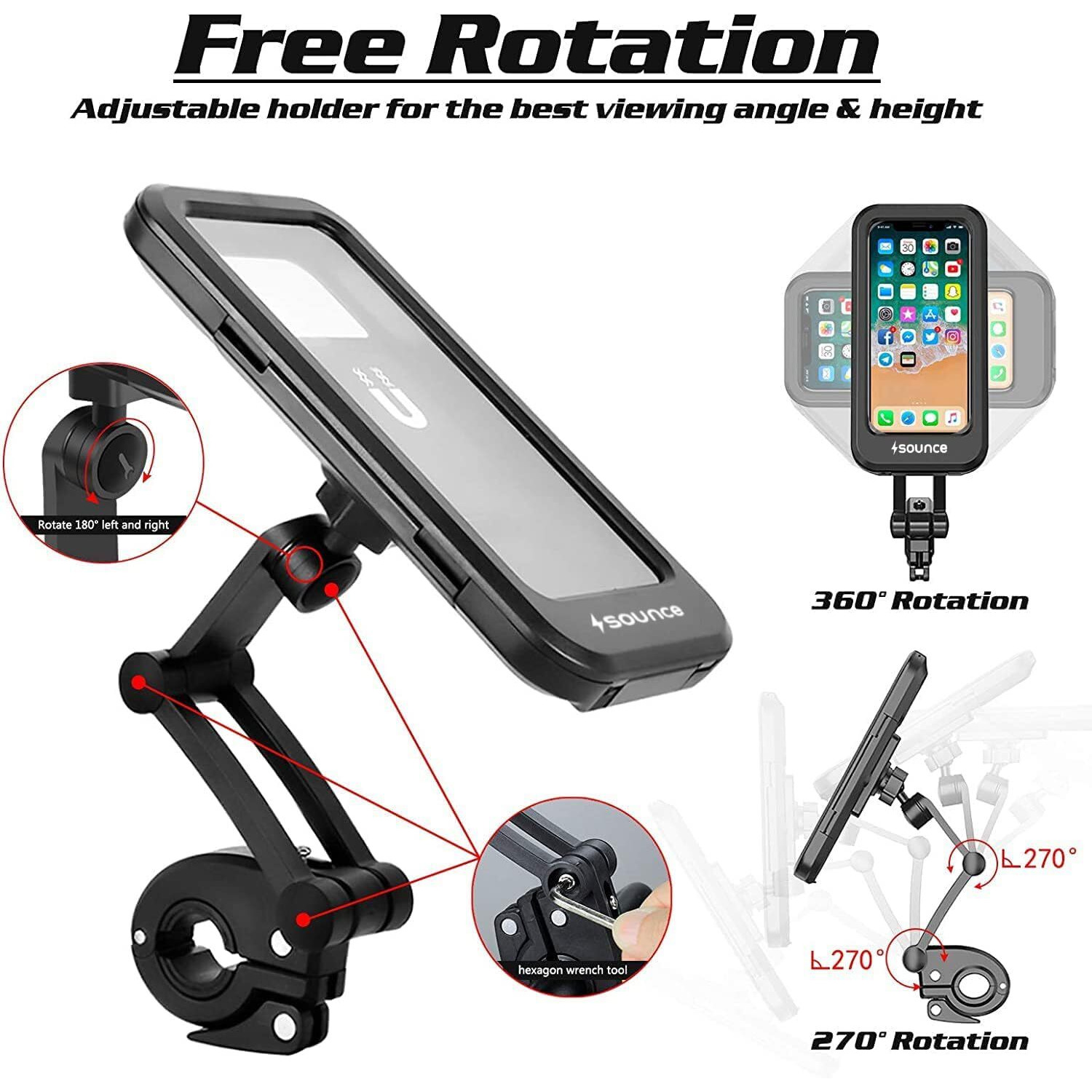 Sounce Bike Phone Mount Waterproof Cell Phone Holder 360 Rotation Motorcycle Phone Case Universal Bicycle Handlebar Phone Mount with Sensitive Touch Screen Fit Below 4-7.2 Inches Smartphone