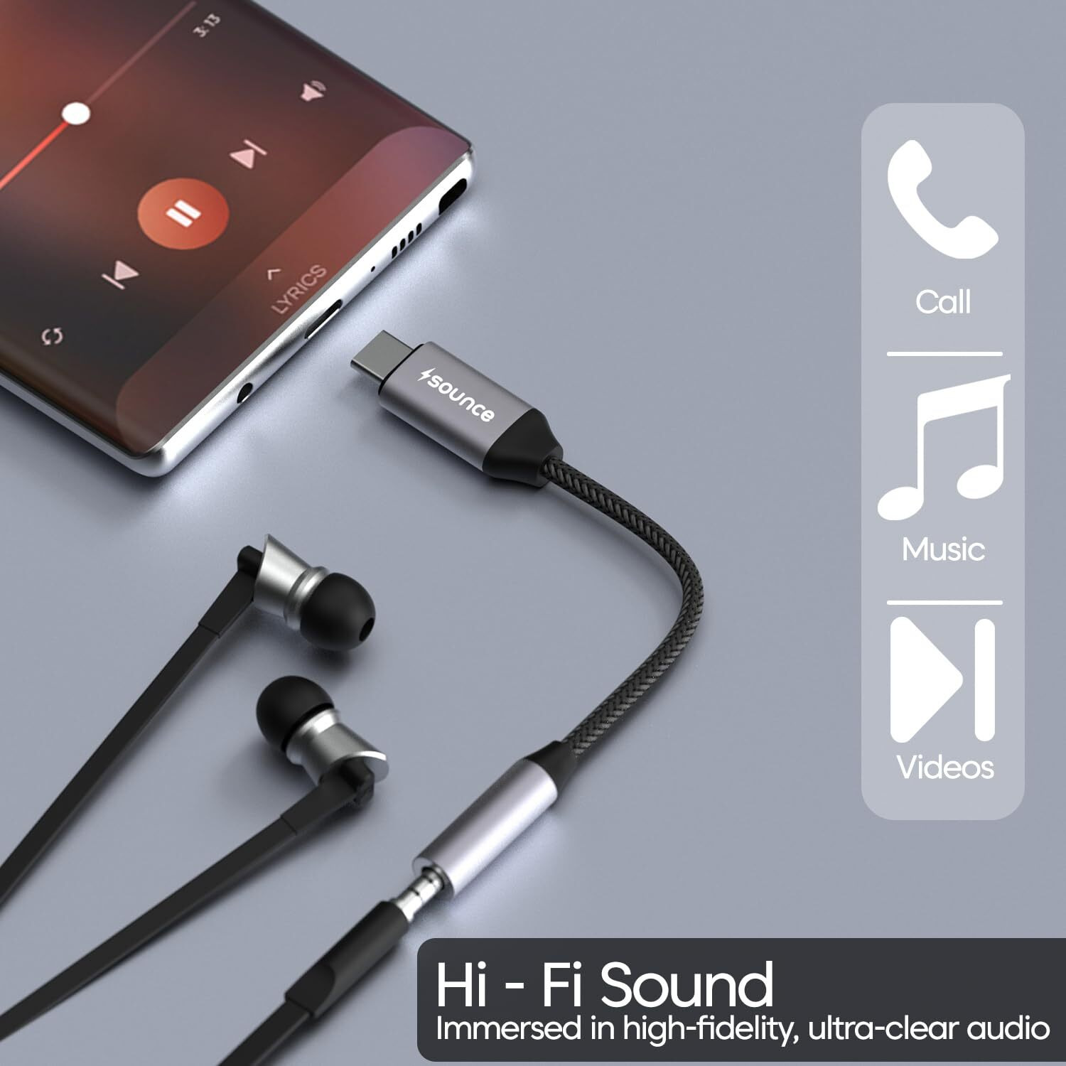 Sounce Type - C to 3.5mm Female Adapter, Type C Headphone Audio Jack Cable Cord Hi-Fi Dongle for Samsung Galaxy S22 S21 Ultra Z Flip Note 20, iPad Mini 6th, Pixel 6/5 (Grey)